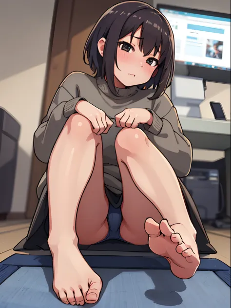hiquality, tmasterpiece (One adult girl).  Plays on computers. looks at the monitor .short brown hair. brown eye. The clothes: grey sweater. bare feet. In the background is a room, sitting at a table. computer on desk.