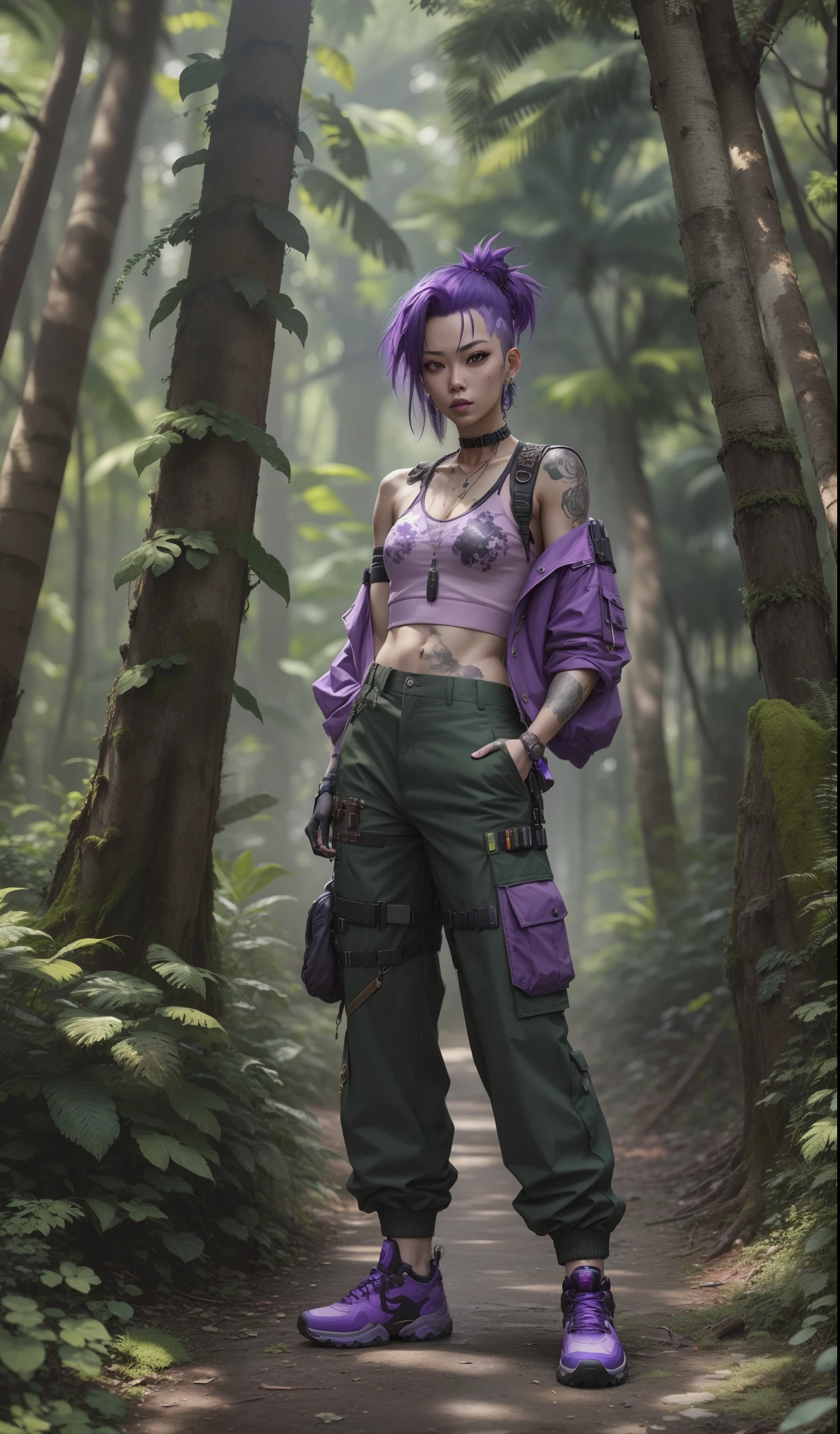 There is a woman with purple hair and a purple jacket standing in the forest, estilo cyberpunk silenciado, roupa estilo cyberpunk, no estilo cyberpunk, em um jardim cyberpunk, Arte no estilo de Guweiz, florpunk cyberpunk, cyberpunk na folhagem, em CIDADE CYBERPUNK, vibe cyberpunk, estilo cyberpunk hiper-realista, cargo pants. CIDADE CYBERPUNK, Ross Tran 8 K