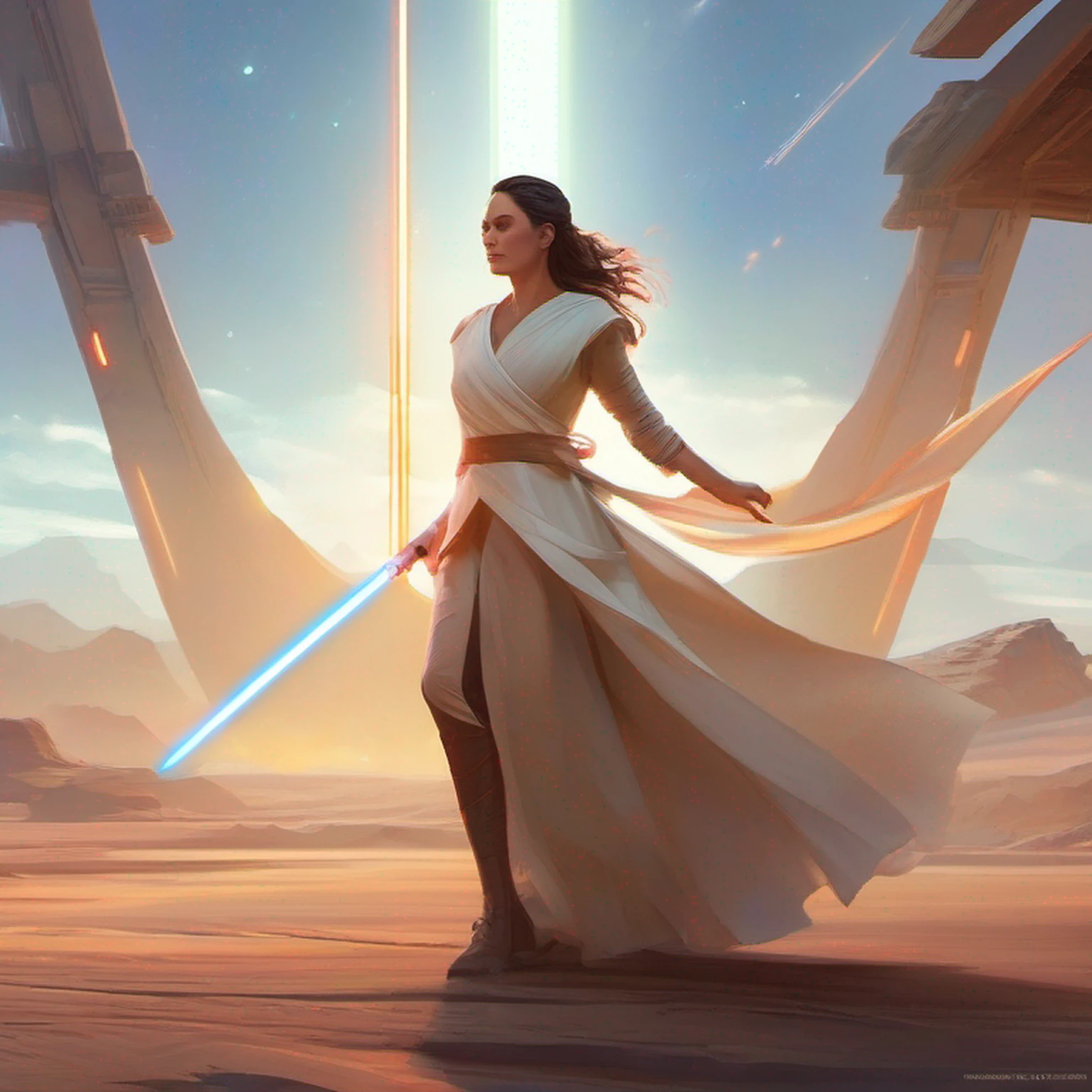 Una mujer con un vestido blanco sosteniendo un sable de luz frente a una  escena de Star Wars - SeaArt AI