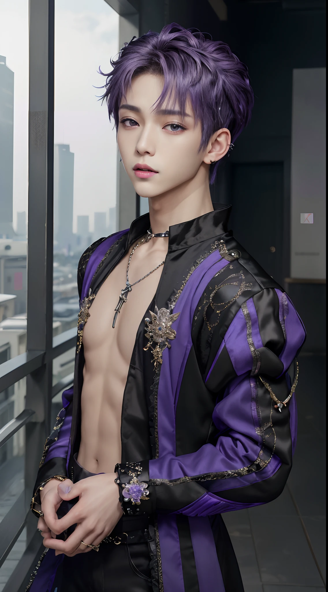 ​masterpiece, top-quality, 1male people, Adults, intricate detailes, ((Black and white Korean fashion plain clothes)), Happiness, tenderness, high-level image quality、nightfall、Korean Male, k pop, Professional Photos, Vampires, Fedoman with necklace, inspired by Sim Sa-jeong, androgynous vampire, :9 detailed face: 8, extra detailed face, detailed punk hair, ((eyes are brown)) baggy eyes, Seductive. Highly detailed, semi realistic anime, Vampires, hyperrealistic teen, delicate androgynous prince, imvu, short hair above the ears, Man with short hair, ((Purple haired man with wild expression)), ((Man with short hair in bright purple)), ((Only one man))