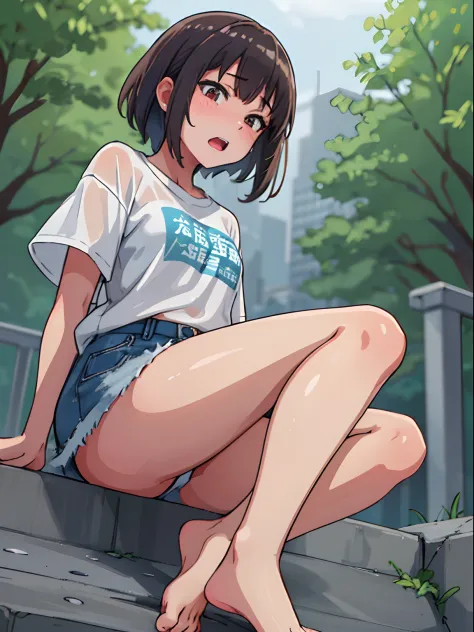 hiquality, tmasterpiece (One adult girl) .short brown hair. brown eye. Frightened face. opened mouth. The clothes: white wet t-shirt. blue jeans. bare feet. In the background, you can see the streets of the park. Sateen. Gray clouds. Raindrops. downpour.
