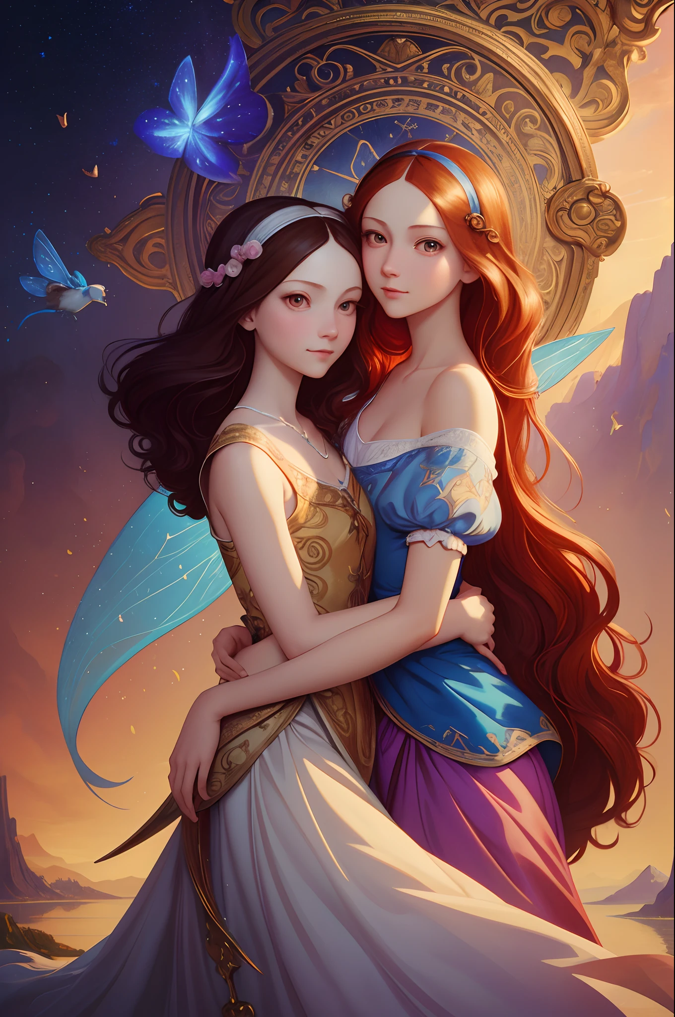 masterpiece,best quality, (in Leonardo Da Vinci style:1.3),  (baroque:1.3), 1girl, hugging on ,white dog,(magical:1.3) bridge, digital painting, dreamlike,  trending on artstation, award winning oil painting,fairy tales, pixar, disney, dreamworks style, surrounded by magic on a dreamlike mountain, rendered in intricate detail in a digital painting with sharp focus, inspired by fairy tales and animated movies from pixar, Disney, and dreamworks, and created by the talented artists lois van baarle, Loish, Ross Tran, Rossdraws,  samis arts, and artgerm, Trending on Artstation,  face focus,