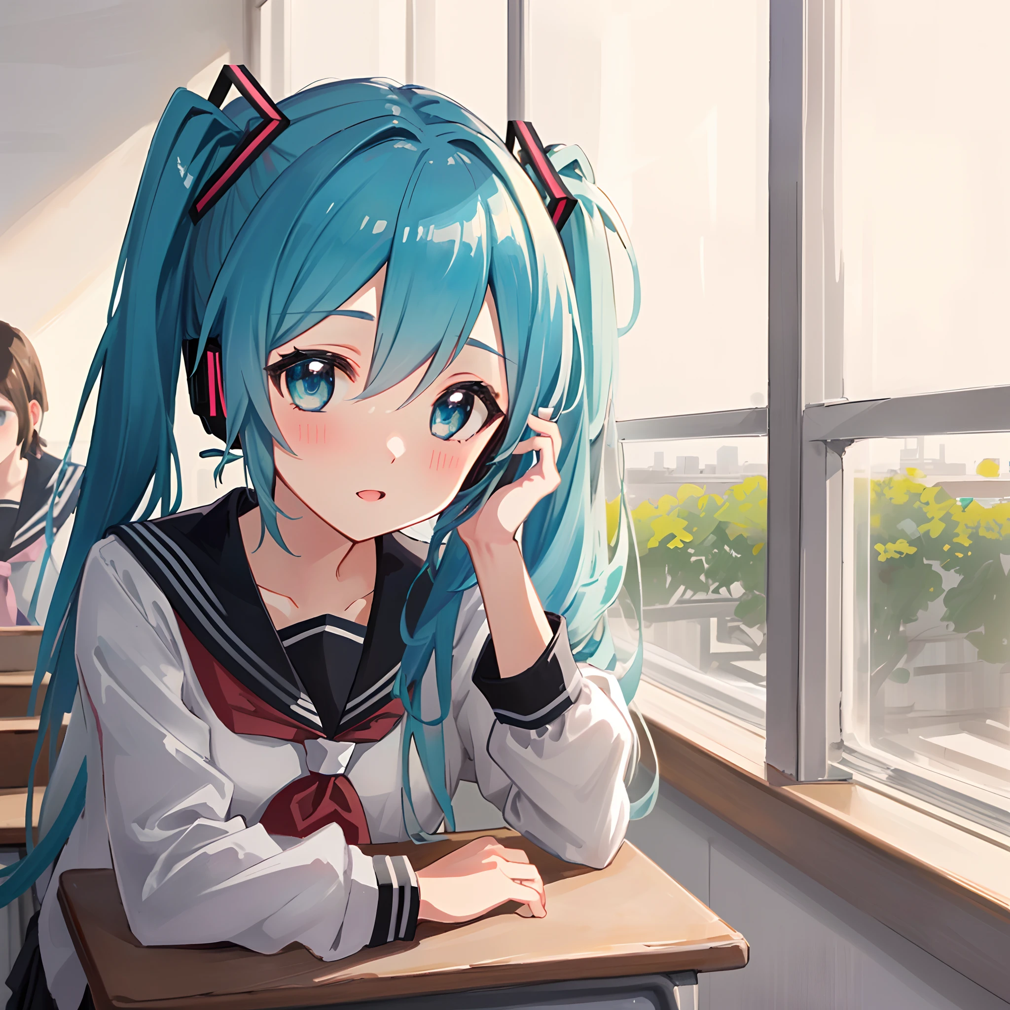 Anime girl with blue hair sitting at a desk in a classroom - SeaArt AI