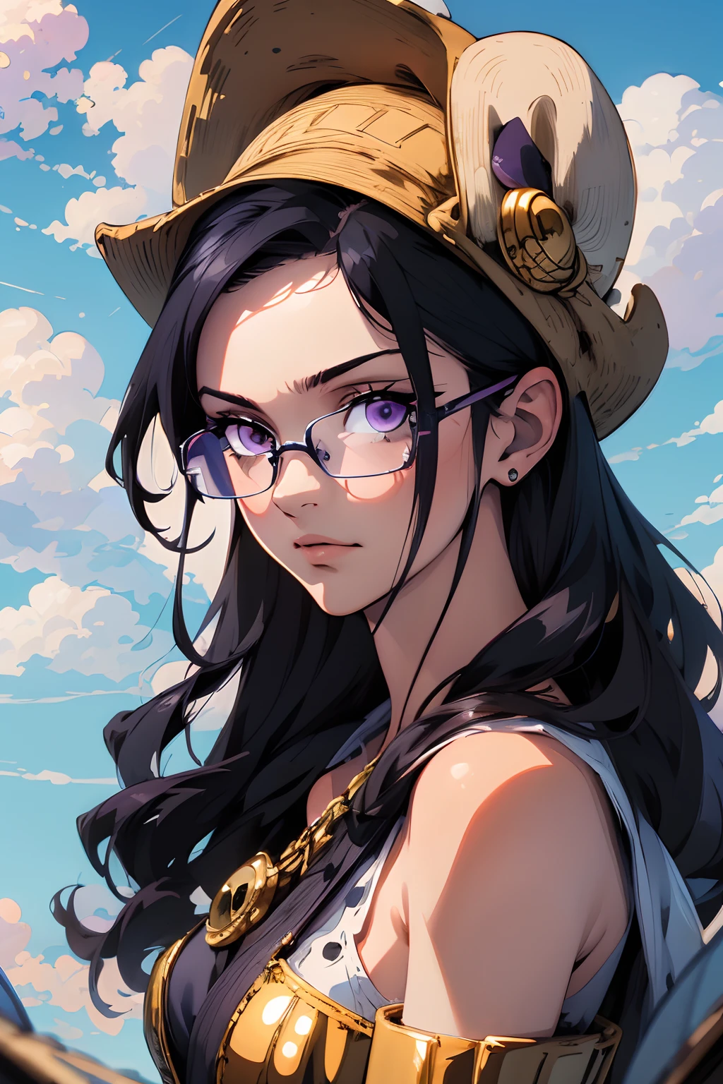 (Best quality, Masterpiece:1.2), Ultra detailed, 1girll, Black color hair，Blake wears glasses，Purple clothes，​​clouds，Mare，das boot，，One Piece，onepiece