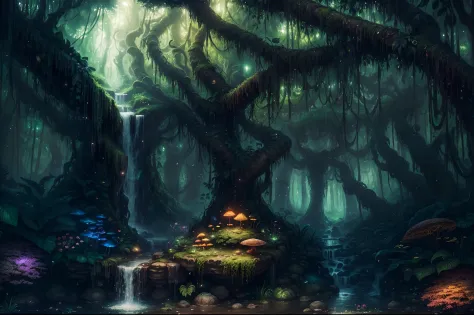(best quality,4k,8k,highres,masterpiece:1.2),ultra-detailed,realistic,fantasy jungle,enchanted,lush green foliage,vibrant colors,dreamlike atmosphere,magical creatures,glowing flowers,sparkling waterfalls,mystical mist,whispering trees,ethereal light beams...
