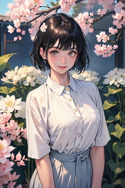 Young woman 25 years old : 1.3, Short black hair: 1.2, Daytime: 1.2, Casual wear: 1.2, a smile: 1.2, sakuras are in full bloom, give a jump, Look at viewers, Super Detail, Textured skin, high detailing, Best Quality, 8K,thin bangs