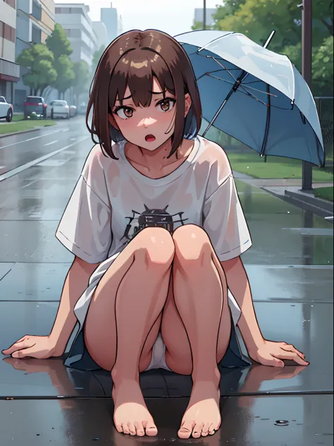 hiquality, tmasterpiece (One adult girl) .short brown hair. brown eye. frightened face. opened mouth. The clothes: white wet t-shirt. blue jeans. bare feet. Ao fundo, You can see the streets of the park. Sateen. Gray clouds. Raindrops. downpour.