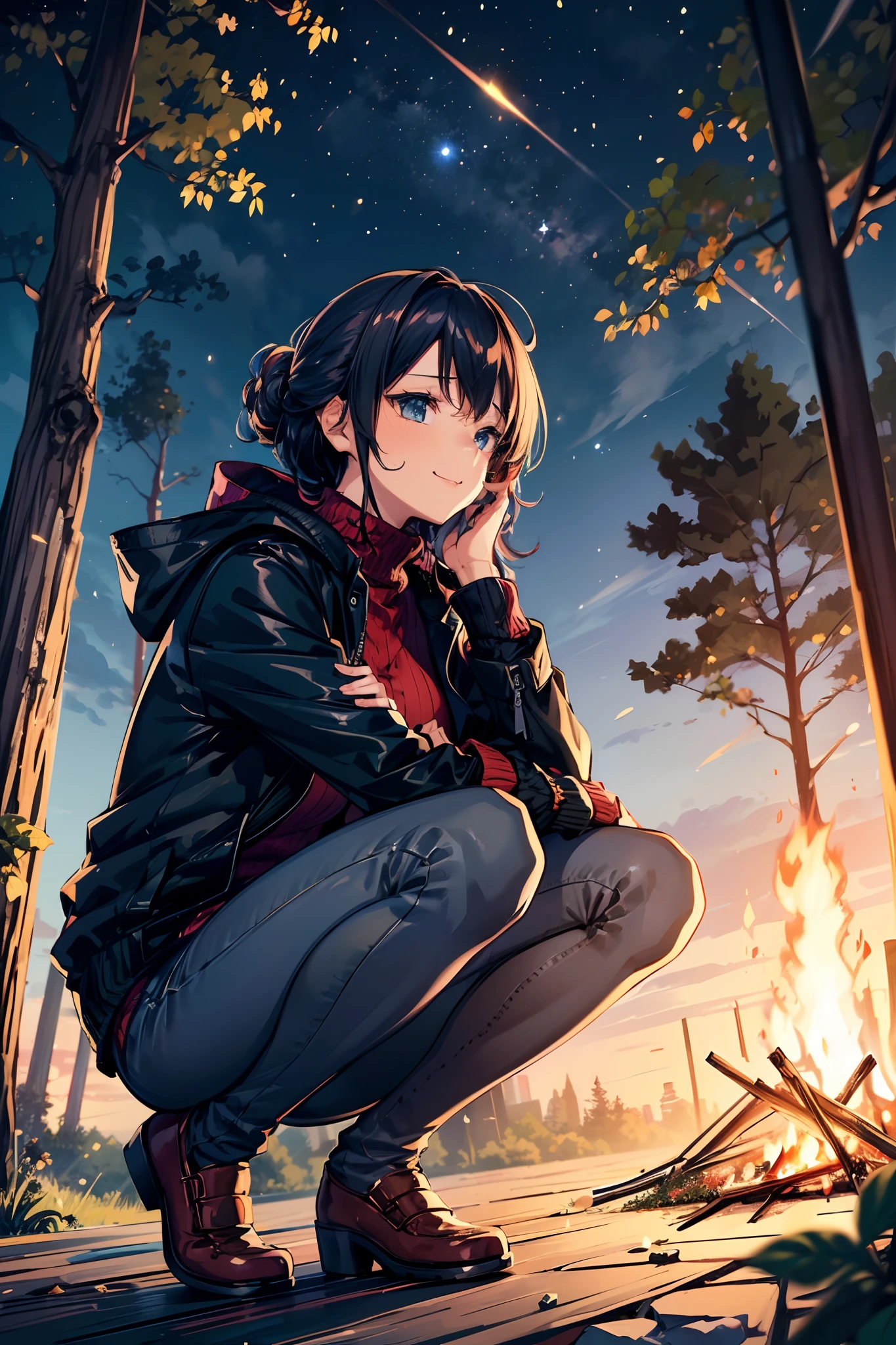 ((landscape photography, in a forest:1.2)), cute anime girl with weak smiling, (sitting in front of a bonfire), cozy wallpaper, anime moe artstyle, kantai collection style, 4 k manga wallpaper, (anime visual of a cute girl:0.6), anime wallaper, anime style 4 k, beautiful anime girl squatting, high quality anime artstyle, (anime girl), 🍁 cute, (wearing turtle neck cable-knit with outdoor jacket, deep navy blue skinny denim:1.3), ((dark chestnut medium short hair:1.25, updo, wavy hair)), outdoor, in a park, (blurry background, bokeh), sunset, (in a night:1.2), ((ultra high resolution, 8K RAW photo, photo realistics:1.2, high detailed)), textile shading, fine detailed face, beautiful detailed eyes, (looking away, looking up night sky:1.2), (correct anatomy:1.5), (dynamic angle, long frame shot:1.3), from below, from behind,