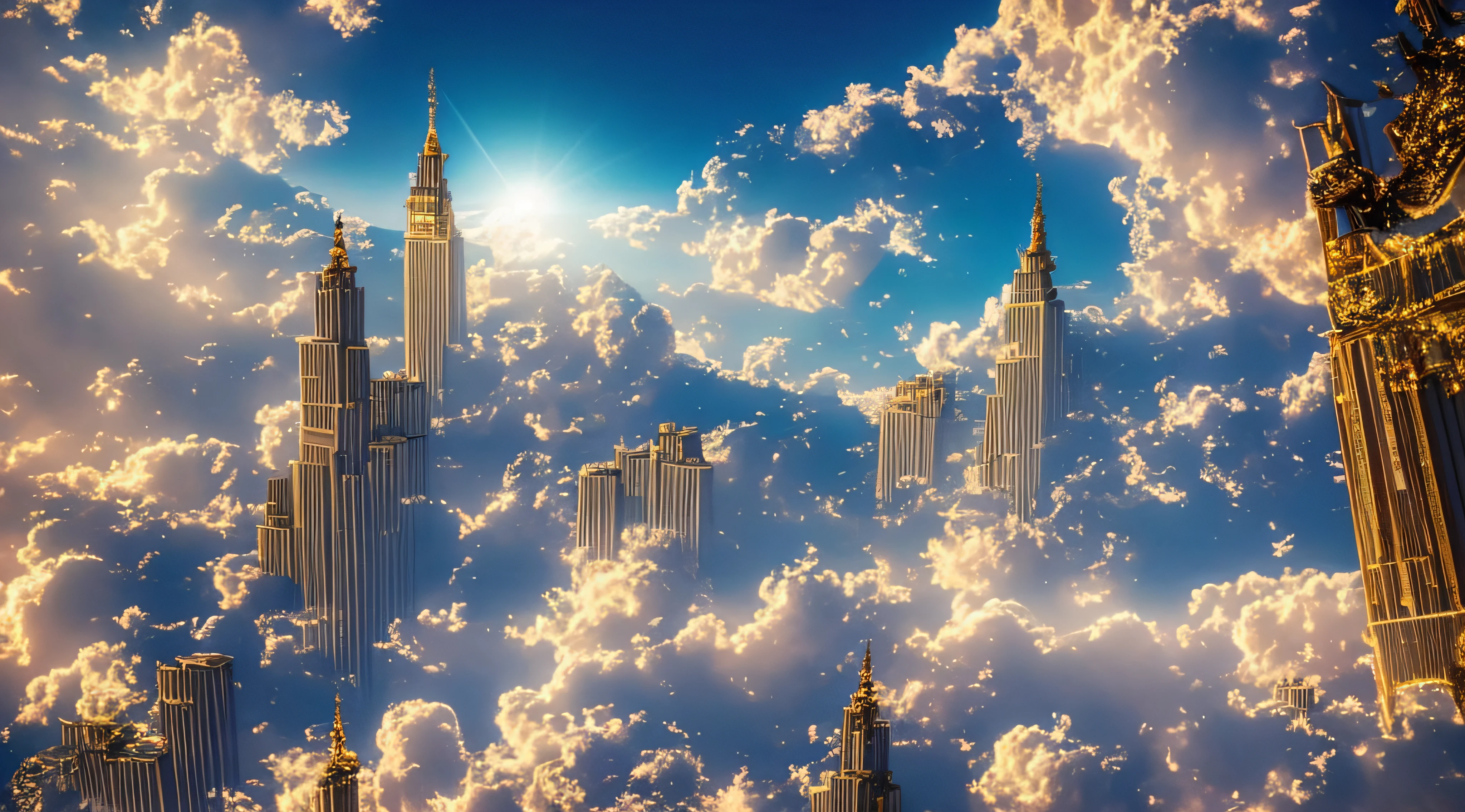 Cloud World, Flying Angel, Majestic gates and pillars, Sun, Moon and stars, In Heaven, 
masutepiece, Best Quality, Ultra-detailed, 
(Photorealistic), extremely delicate and beautiful, depth of fields, Film grain, Professional Lighting, 
Photon mapping, Radio City, Physically-based rendering,