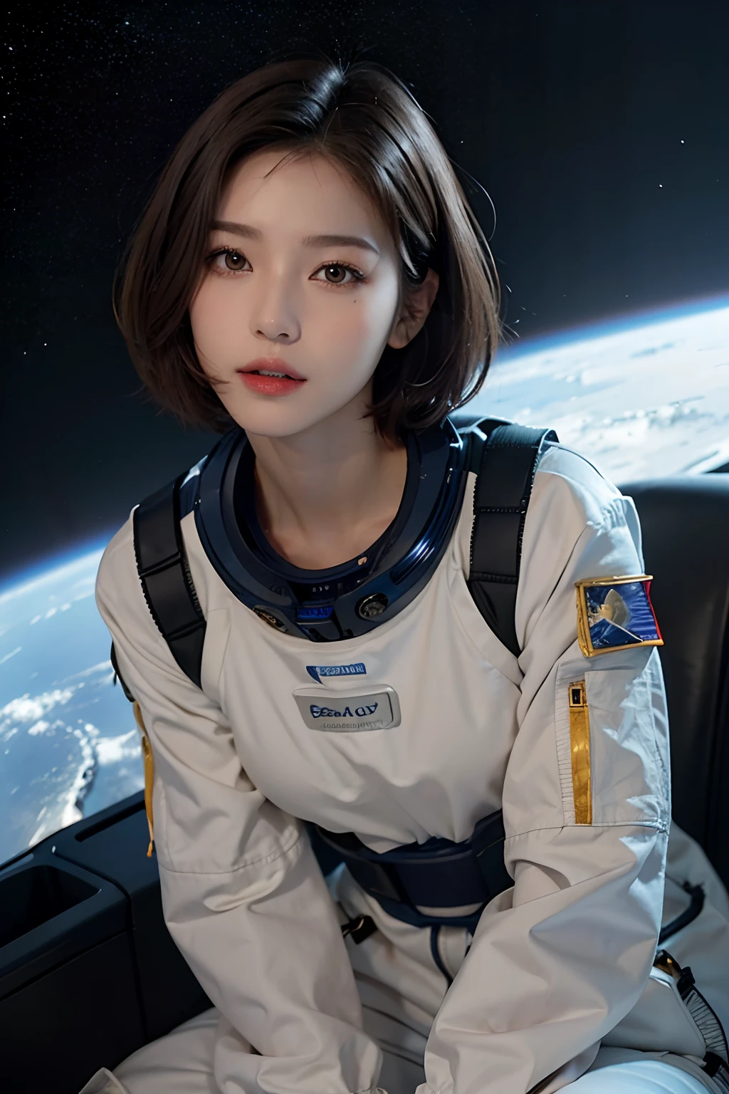 top-quality、​masterpiece、超A high resolution、(realisitic:1.4)、Beautuful Women１、Beautiful detail eyes and skin、ssmile、Light brown short-cut hair、The perfect spacesuit、spaceships、Inside the spacecraft、Dark Universe、