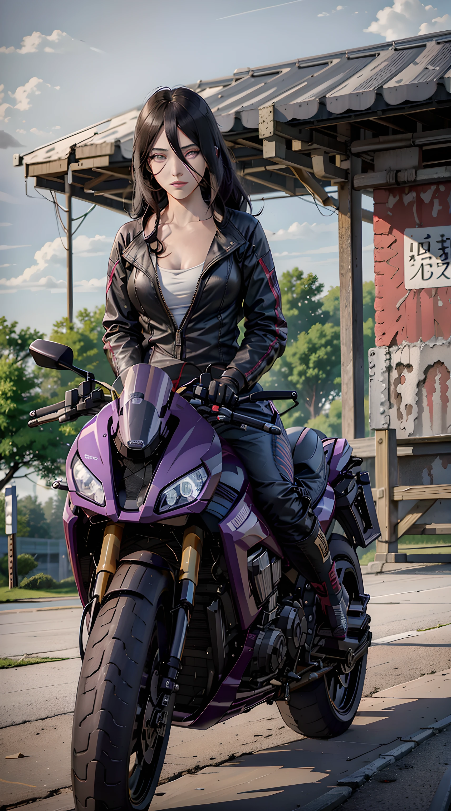 yhmotorbike, Hyuuga Hanabi, long hair tied low, hair band, Hana with purple eyes, motorbike, Kawasaki Ninja, beautiful, beautiful woman, perfect body, perfect breasts, riding a sports motorbike, red motorbike, wearing racing boots, wearing gloves, black leather jacket , black pants, in the parking area, gas station, looking at the viewer, realism, a slight smile, masterpiece, leather textured, super detailed, high detail, high quality, best quality, 1080p, 16k