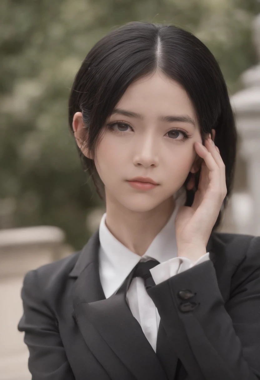 Painting of a woman in a suit and tie with her hands on her head, sui ishida with black hair, 1 7 - year - old anime goth girl, black and white manga style, Junko Enoshima, ( ( ( yoshinari yoh ) ) ), & Her expression is solemn, nezuko-chan, style of junji ito