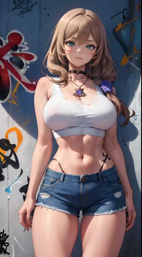 Lisa|genshin impact, master-piece, bestquality, 1girls,25 years old, shorts jeans, oversized breasts, ,bara, crop top, shorts jeans, choker, (Graffiti:1.5), Splash with purple lightning pattern., arm behind back, against wall, View viewers from the front.,...