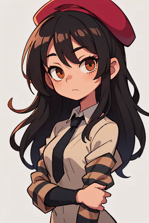 mid length hair, black and beige hair(With transitions), On the head, a black beret on the side, Brown eyes, Shirt maroon-crimson color, in a black tie, Black and grey striped sleeves