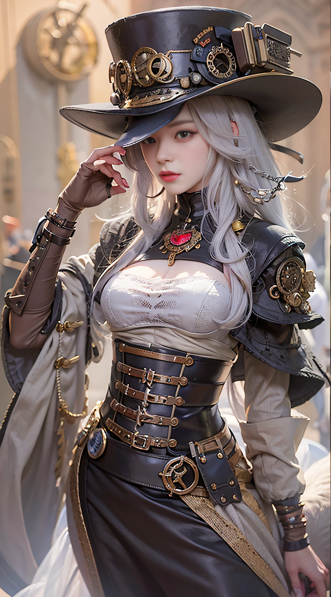 Dama de Alafed – Traje steampunk y pose de sombrero, steampunk hermosa anime mujer, by Yang J, guweiz en artstation pixiv, impresionante arte de personajes, cushart krenz arte clave femenino, traje de fantasía, guweiz en pixiv artstation, sartén chengwei en artstation, estilo de wlop