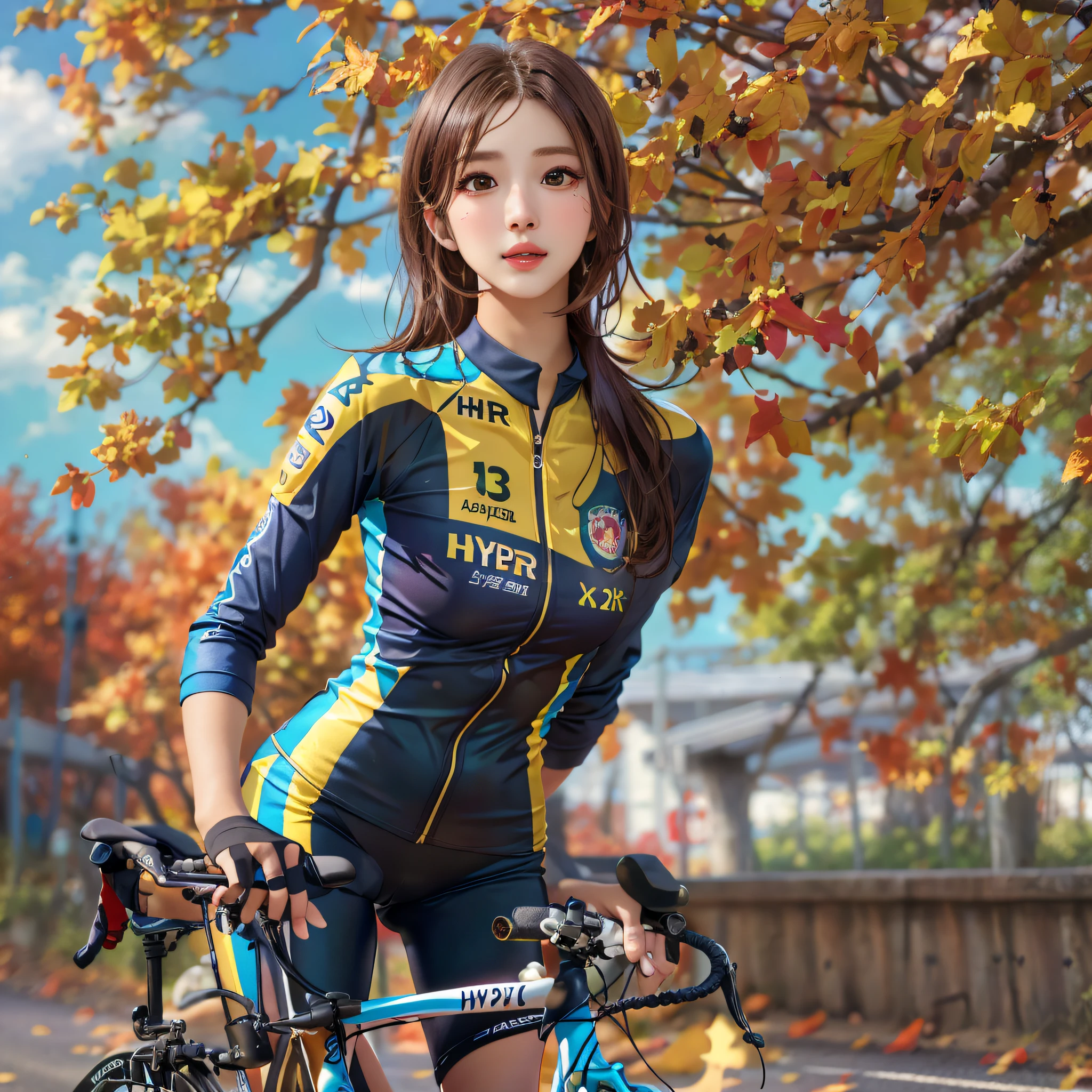 (8k, highest quality, high resolution), (photo realistic:1.2), (hyper realistic:1.2), (1Girl:1.3), happy:1.2, (Detailed Eyes), (hyper Detailed face:1.2), (Road Bike Racing Uniform), Uniform with an open chest, 18 years old, Detailed road bike, beautiful face, Medium breasts, skinny, Translucent sexy shirt, shiny skins, perfect hands, perfect legs, Ginkgo tree with foliage, Blue sky in autumn, Watch your audience, (medium hair, dark brown hair)