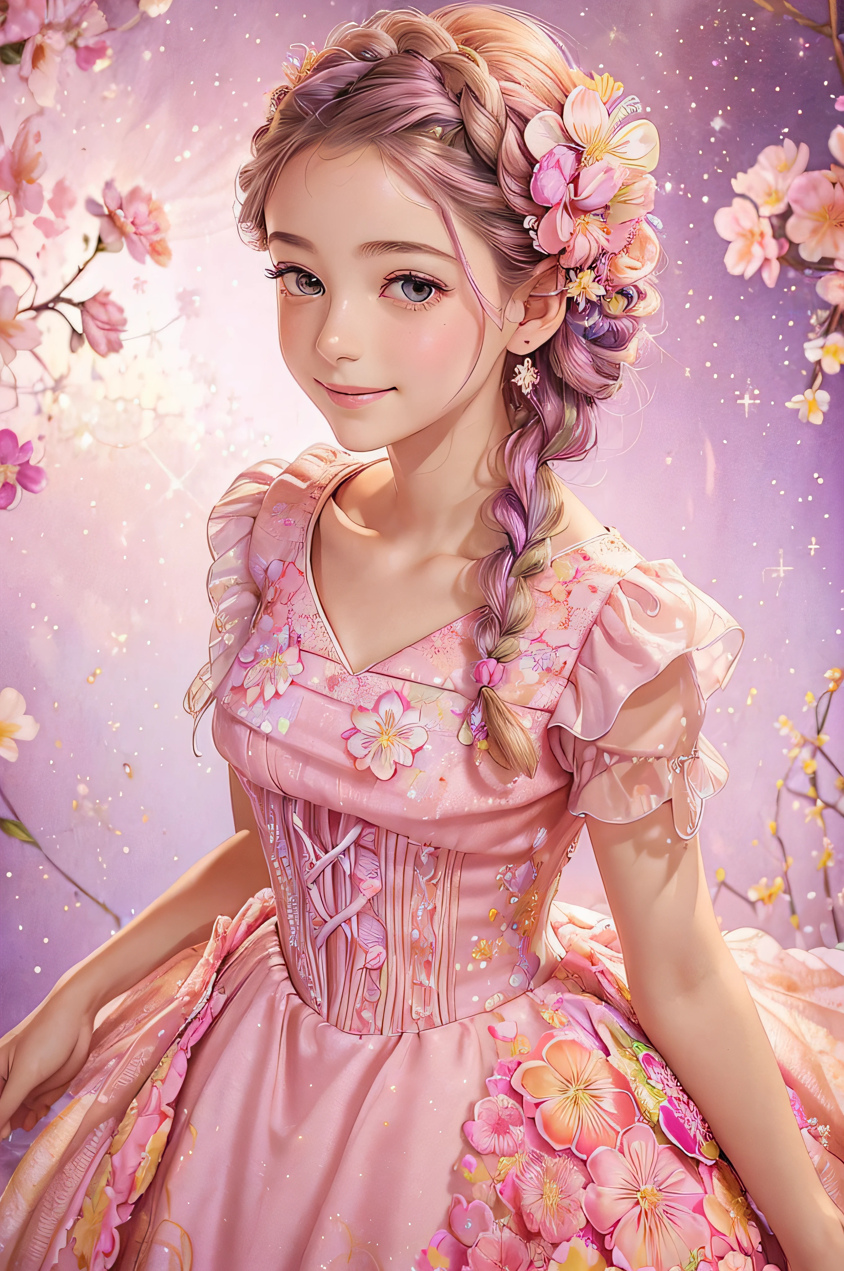 ((جودة صورة أفضل)), صورة حادة لفتاة رقيقة ذات شعر جديل تبتسم بالألوان المائية, Disney Princess Floral Pink Style Dress with Ruffles in Flowers and Lilac بريق, ترفرف الزهور, الفراشات, بريق, إضاءة الاستوديو.