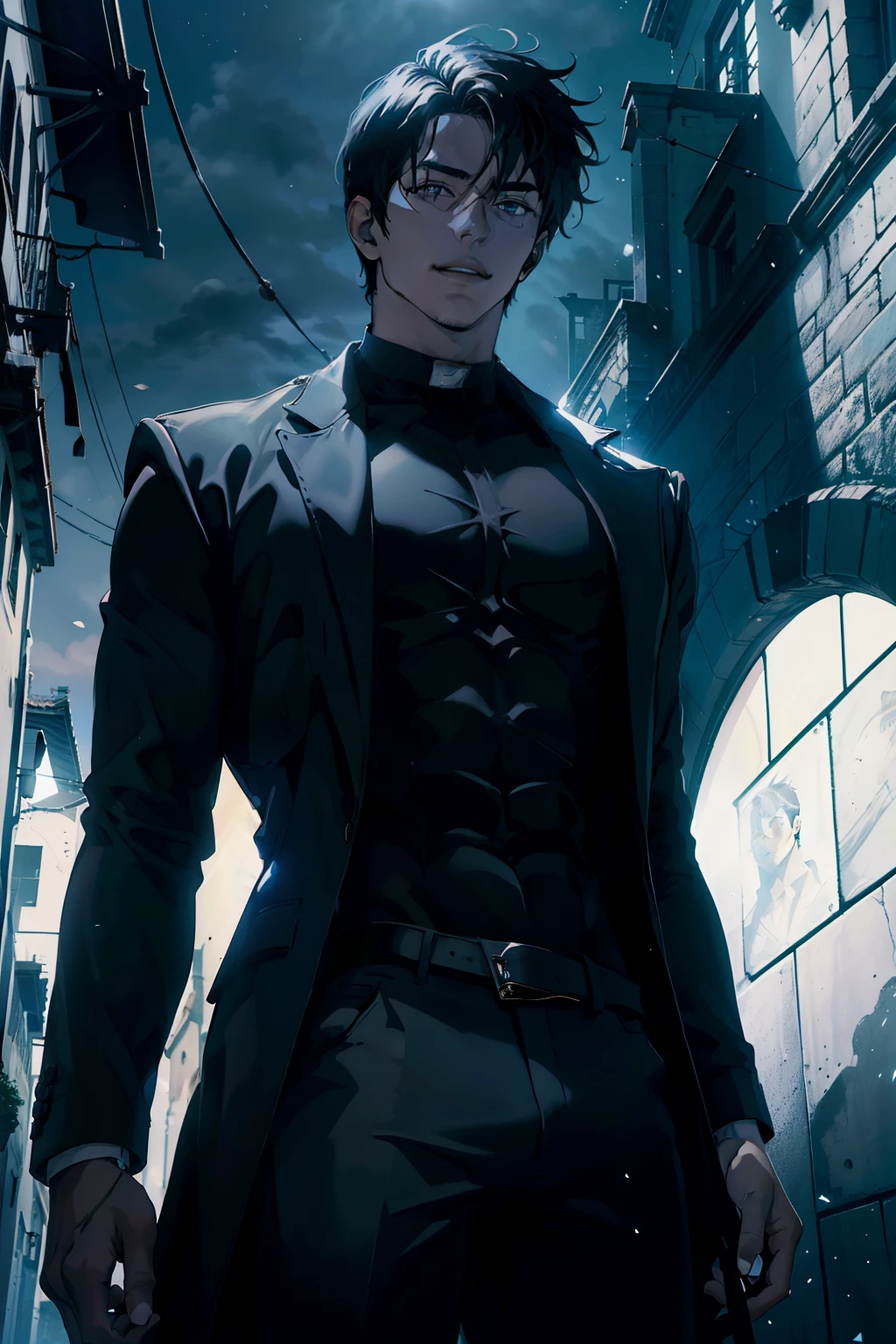 Anime character in a black suit standing in a dark alley - SeaArt AI