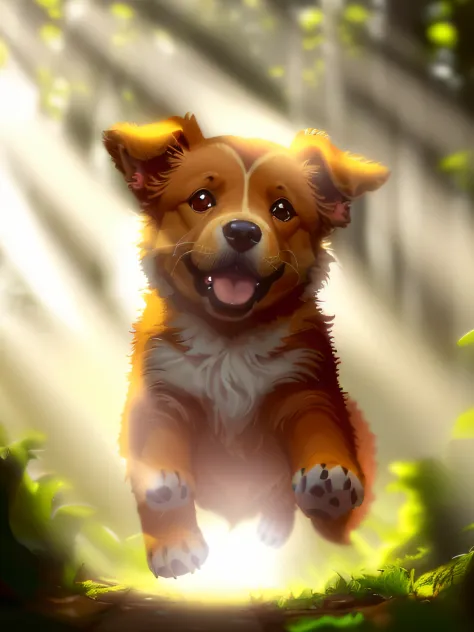 a close up of a dog running through a forest with the sun shining, happy dog, ( dog )close up photo of a very cute jumping puppy in the forest, , (backlit:1.3), (cinematic:1.2), intricate details, (ArtStation:1.3), Rutkowski
