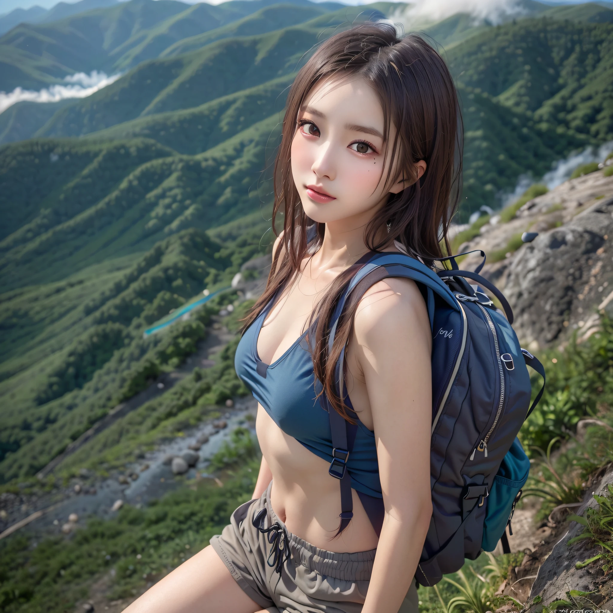 (Naturescape photography), (best quality), masterpiece:1.2, ultra high res, photorealistic:1.4, RAW photo, (Magnificent mountain, sea of clouds), (On a very high mountain peak), (sunset), (wideangle shot),  (Show cleavage:0.8),
(1girl), (Photo from the knee up:1.3), (18 years old), (happy:1.2), (shiny skin), (real skin), (semi-long hair, dark brown hair)
(Sleeveless tank top), (blue Trekking shorts), (Carrying a large backpack), 
(ultra detailed face), (ultra Beautiful fece), (ultra detailed eyes), (ultra detailed nose), (ultra detailed mouth), (ultra detailed arms), (ultra detailed body), pan focus, looking at the audience