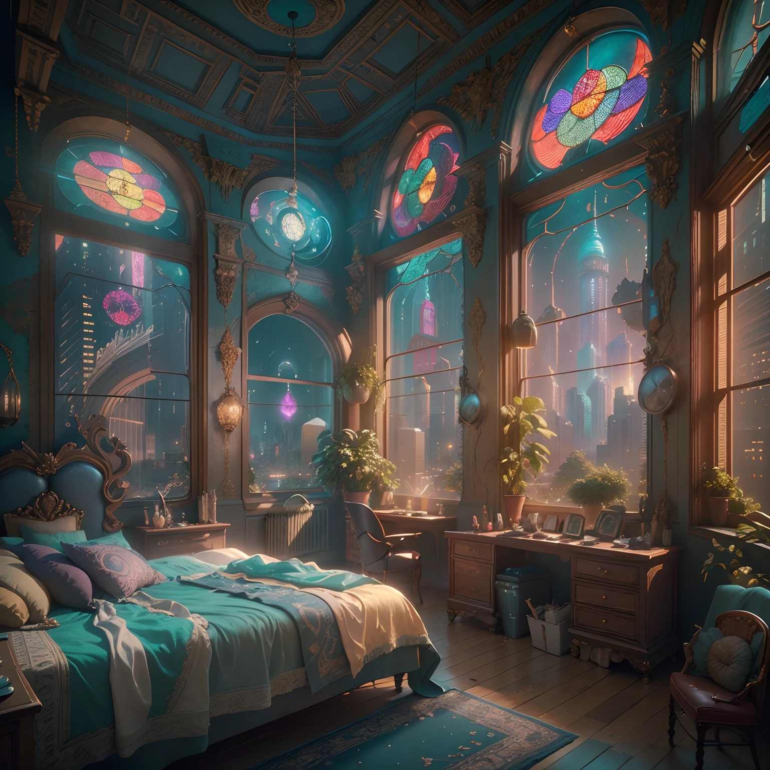 (((Generate an ornate bedroom in the style of Versailles with a big historical window.))) A hyperrealistic cyberpunk dreamscape cityscape is in the window. The cityscape is extremely detailed with many lights and LED neon colors and buildings of many different sizes. The cityscape has all colors of the rainbow and has hires interesting flying steampunk dirigibles. A giant steampunk standalone clock is seen ((through the window)). It is peaceful in the bedroom. The entire artwork is very realistic with many small details and enhancements. 3D render beeple, artstation and beeple highly, in fantasy sci-fi city, inspired by beeple, 8k, unreal engine unity CGI. Masterpiece and popular. Add many fantastical and beautiful details and nuances. (stained glass)