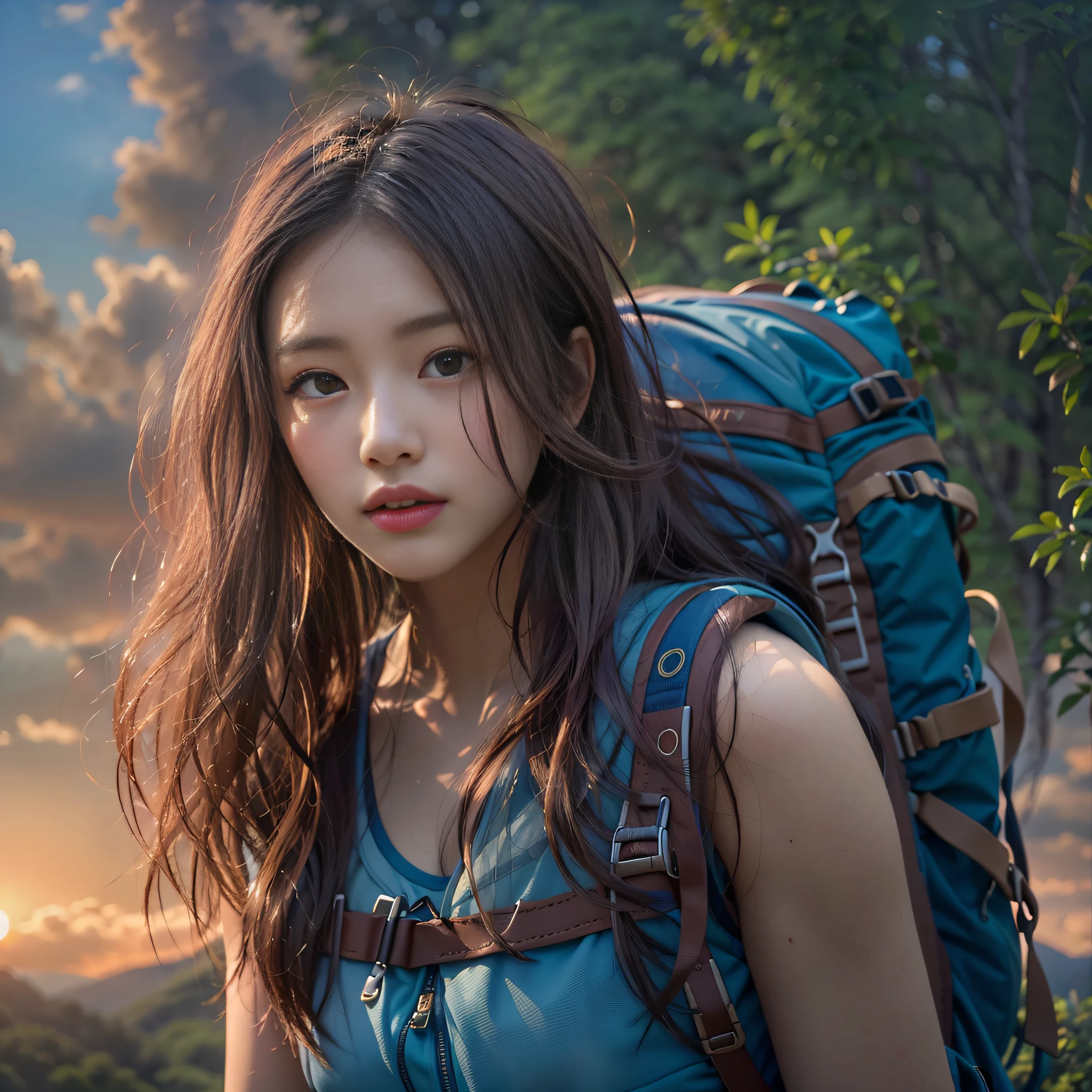 (Naturescape photography), (best quality), masterpiece:1.2, ultra high res, photorealistic:1.4, RAW photo, (Magnificent mountain, sea of clouds), (On a very high mountain peak), (sunset), (wideangle shot),  (Show cleavage:0.8),
(1girl), (Photo from the knee up:1.3), (18 years old), (happy:1.2), (shiny skin), (real skin), (semi-long hair, dark brown hair)
(Sleeveless tank top), (blue Trekking shorts), (Carrying a large backpack), 
(ultra detailed face), (ultra Beautiful fece), (ultra detailed eyes), (ultra detailed nose), (ultra detailed mouth), (ultra detailed arms), (ultra detailed body), pan focus, looking at the audience
