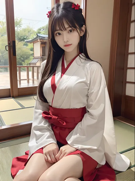 (NSFW)、(One slender very small-breasted girl is、Has long hair with dull bangs in the Japan priestess costume:1.5)、(Girl in white kimono and scarlet long skirt sits in Seiza style in Japanese style room:1.5)、(White kimono and scarlet long skirt:1.3)、(Perfec...