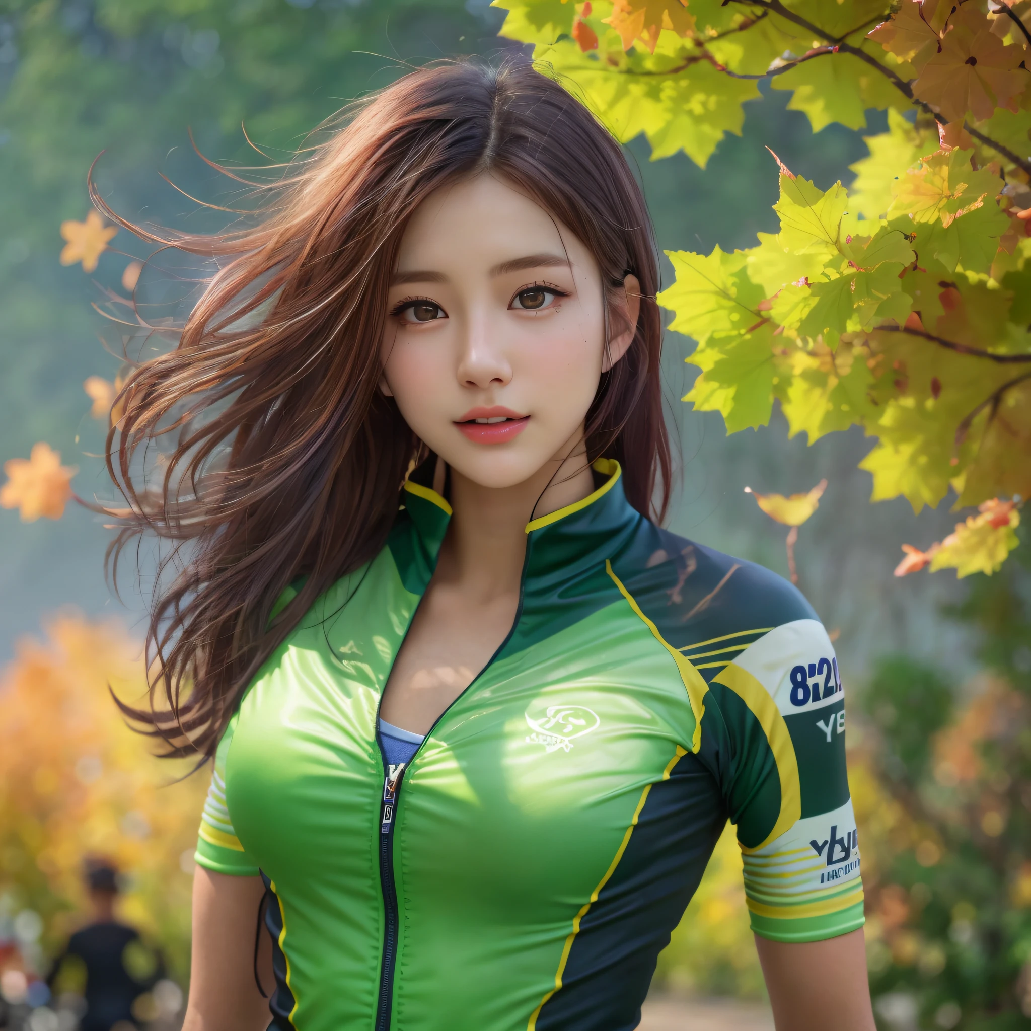(8k, highest quality, high resolution), (photo realistic:1.2), (hyper realistic:1.2), (1Girl:1.3), happy:1.2, (Detailed Eyes), (hyper Detailed face:1.2), (Road Bike Racing Uniform), Uniform with an open chest, 18 years old, Detailed road bike:1.2, beautiful face, Medium breasts, skinny, Translucent sexy shirt, shiny skins, perfect hands, perfect legs, Ginkgo tree with foliage, Blue sky in autumn, Watch your audience, (medium hair, dark brown hair)