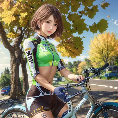 (8k, highest quality, high resolution), (photo realistic:1.2), (hyper realistic:1.2), (1Girl:1.3), happy:1.2, (Detailed Eyes), (hyper Detailed face:1.2), (Road Bike Racing Uniform), Uniform with an open chest, 18 years old, Detailed road bike:1.2, beautifu...