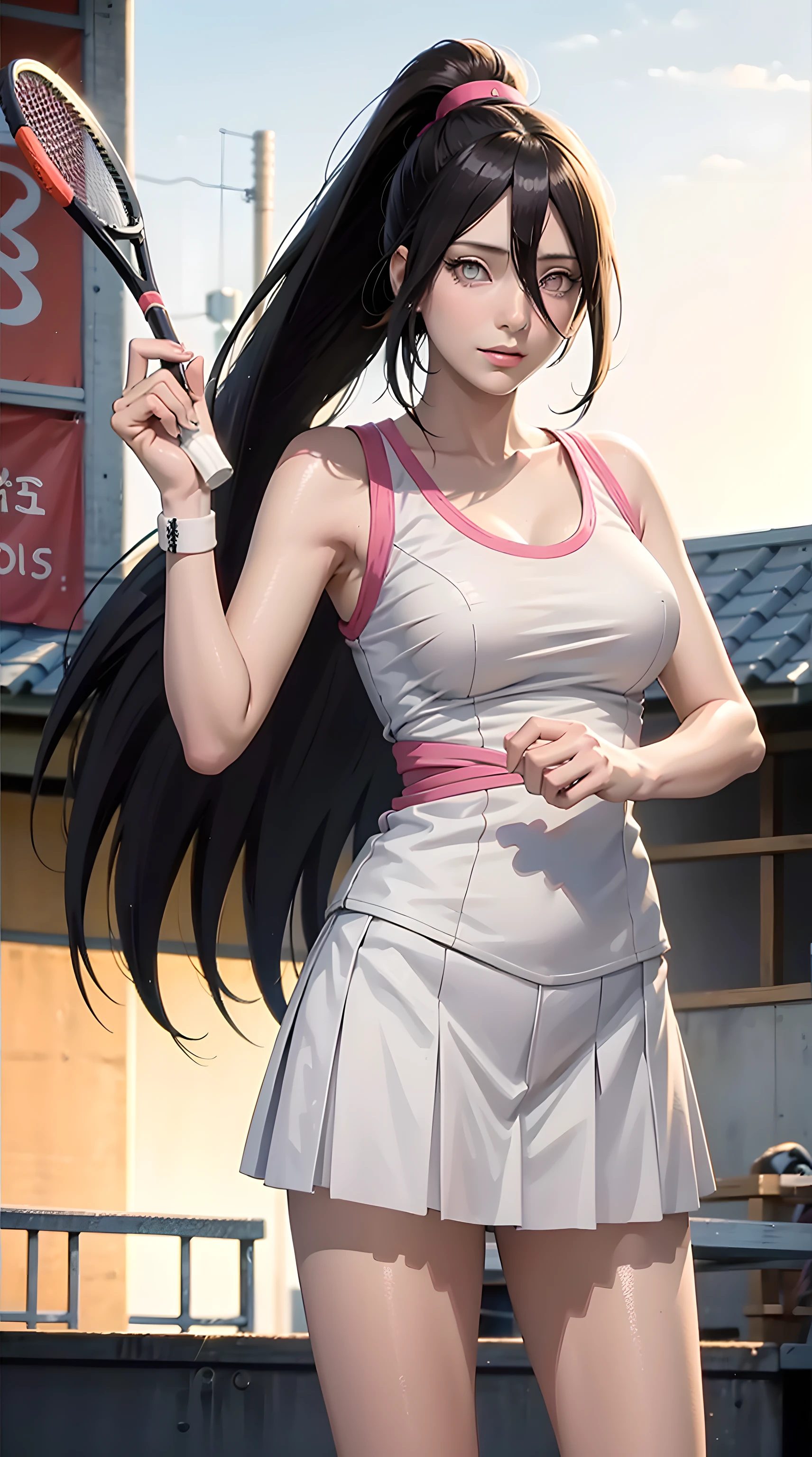 Hyuuga Hanabi, long hair tied low, hair band, Hana purple eyes, bangs, ponytail, beautiful, beautiful woman, perfect body, perfect breasts, wearing tennis clothes, wearing a tennis hat, on the tennis court, holding a tennis racket , looking at the viewer, a slight smile, realism, masterpiece, textured skin, super detailed, high detail, high quality, best quality, 1080p, 16k