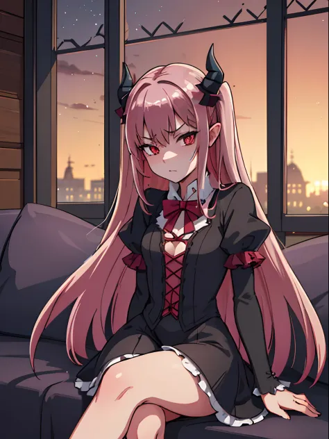 hiquality, tmasterpiece (Bottom Girl Demon). demonic horns. rose hair. red-eyes. Clothes Dark Gothic Outfit. Sullen face. leaning on his arm. sits cross-legged. Against the backdrop of a night street of the Middle Ages. Ancient houses