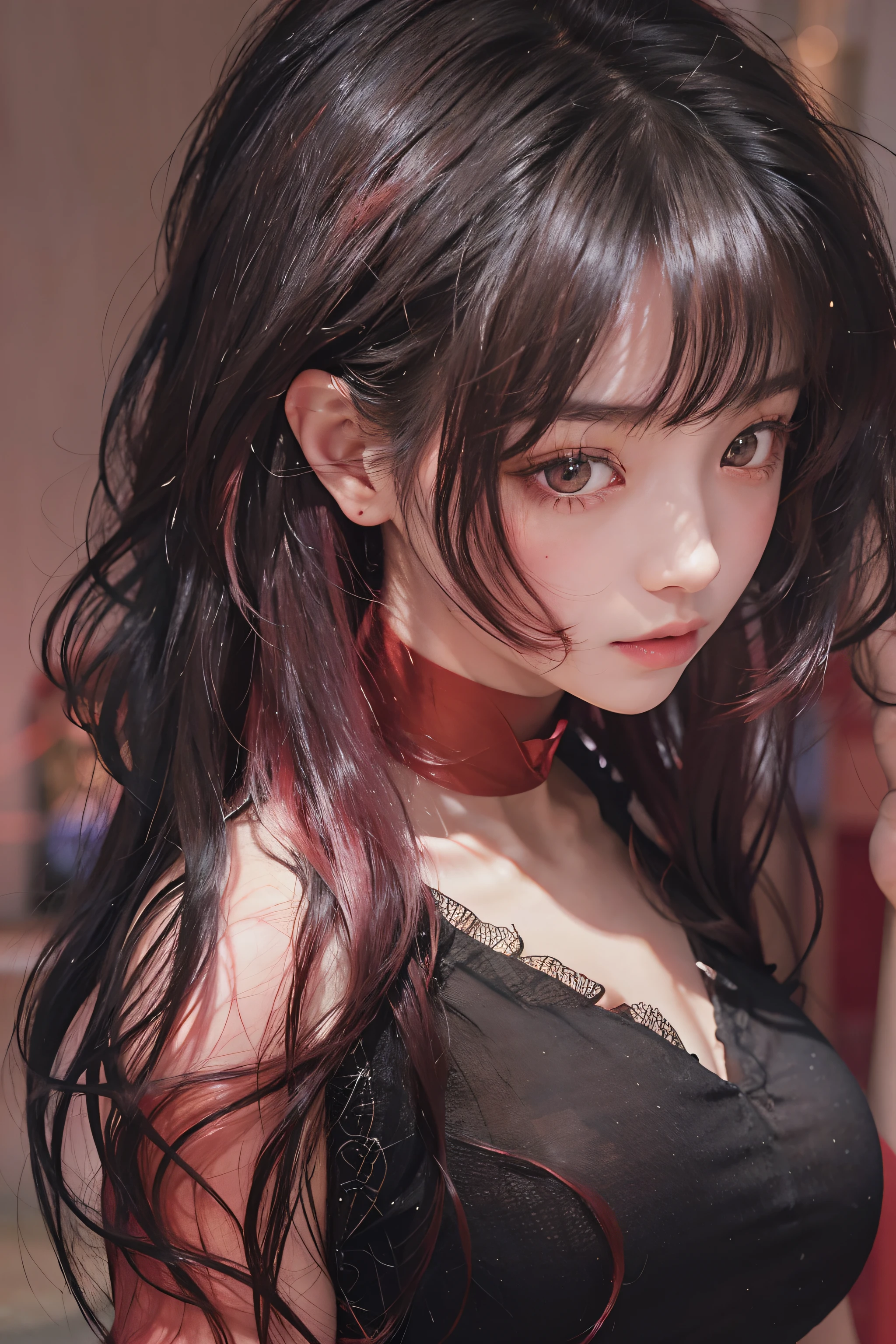 1girl in、in her 20s、((bobhair))、(((black hair, red dip-dye hair)))、(the tips of the hair are bright red)、((bangss))、(Photoreal Stick:1.2)、in 8K、(High quality shadows)、(A charming expression)、Detail Beautiful delicate face、Detail Beautiful delicate eyes、Cute K-pop Idol、(Korean Urzan Face)、(ulzzang -6500-v1.1:0.6)、pureerosface_v1、(looking at view)、gloweyes、perfectbody、((strong lights))、(a choker)、((Brown eyes))、((Beautiful Finger))、 Shiny hair、Description beautiful delicate hair、(Lustrous skin)、((Black see-through dress))、hallway、 (early evening)、Background blur、light、