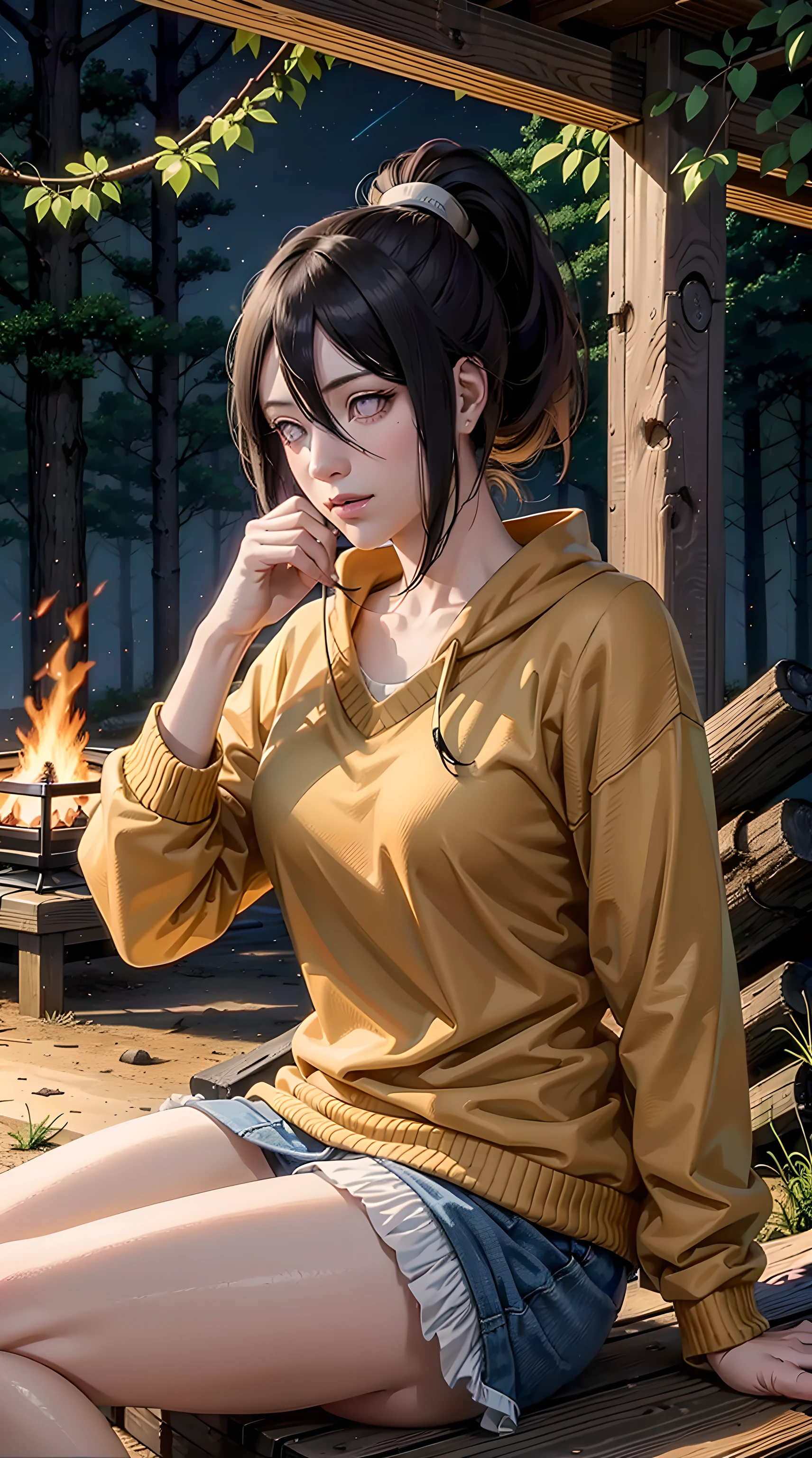 hyuuga hanabi, long hair tied low, hair band, hana purple eyes, bangs, ponytail, ponytail, sitting on a log, beautiful, beautiful woman, perfect body, perfect breasts, wearing a sweater, in the forest, camping, camping tent, trees, night, nighttime, campfire, looking at viewer, slight smile, realism, masterpiece, textured leather, super detail, high detail, high quality, best quality, 1080p, 16k