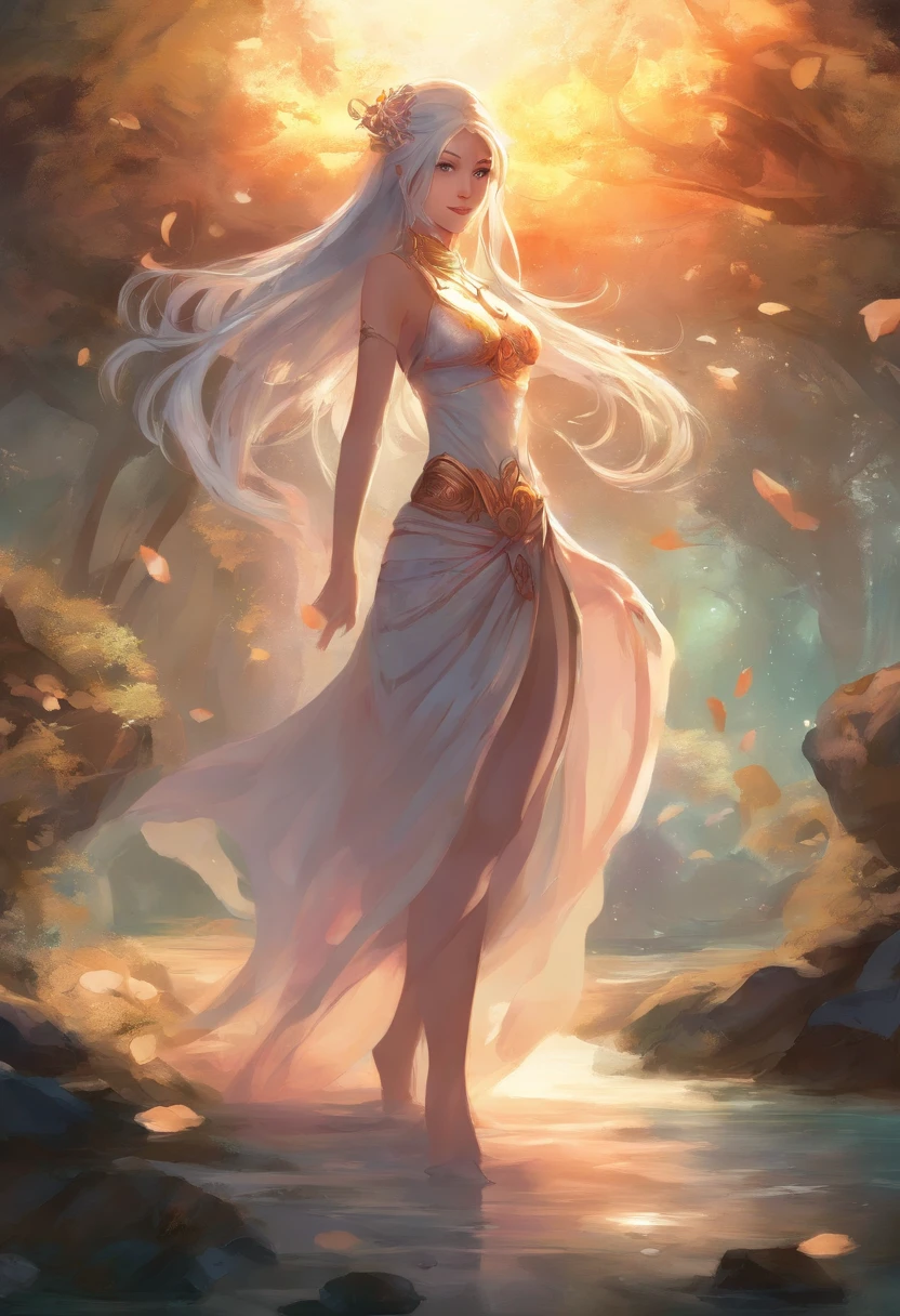 A woman in a white dress standing in a river with a sun shining behind her  - SeaArt AI