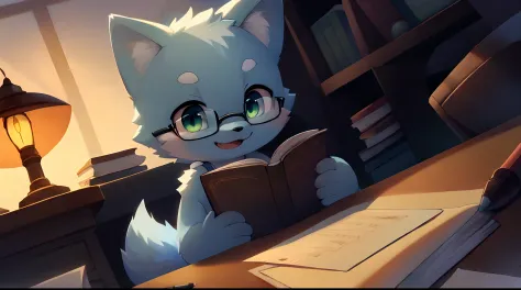 masterpiece, best quality, highly detailed, sfw, 1boy, (sitting at desk, studying, reading:1.5), (upper body:1.5), (kemono), (sh...