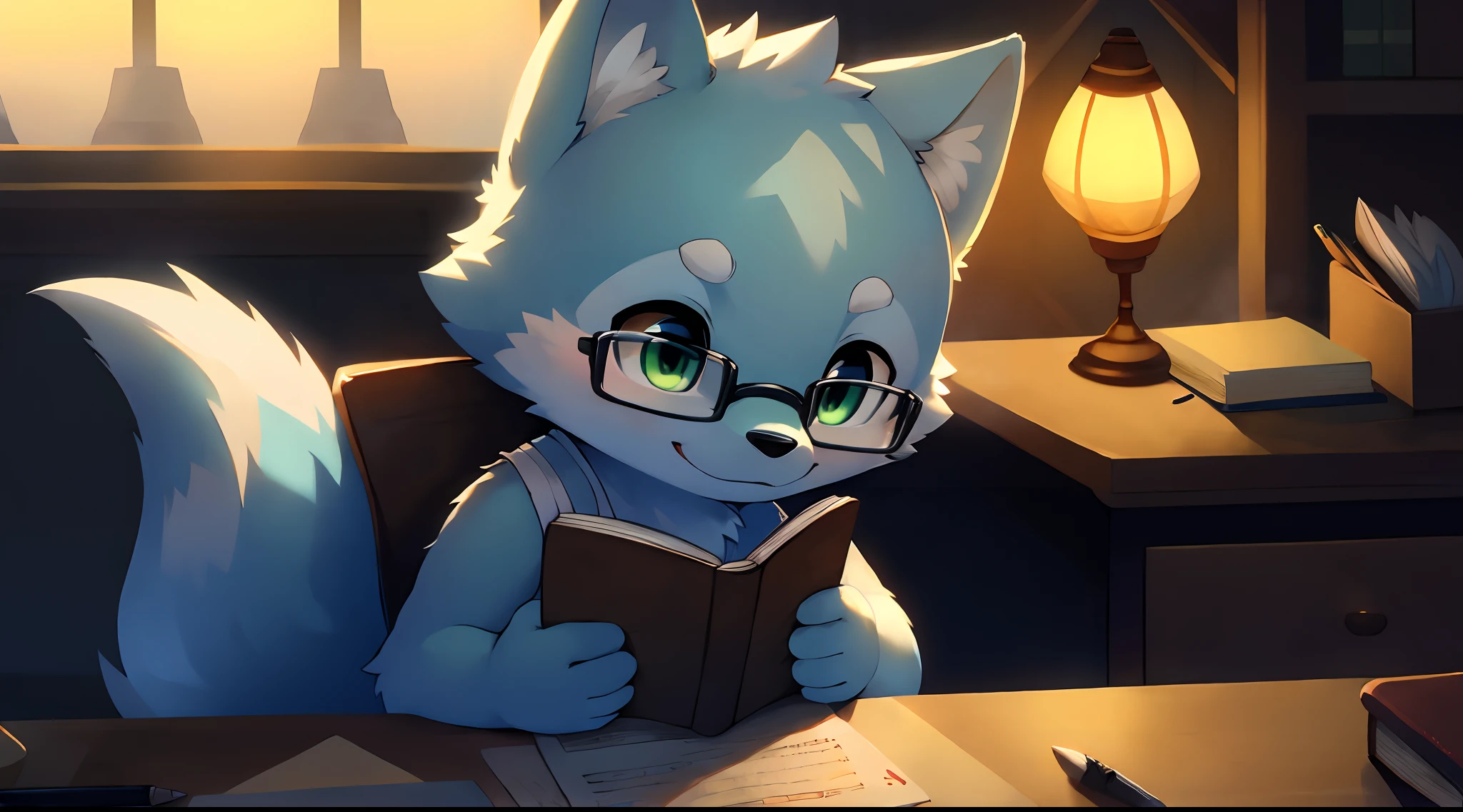 masterpiece, best quality, highly detailed, sfw, 1boy, (sitting at desk, studying, reading:1.5), (upper body:1.5), (kemono), (shota, toddler:1.25), (cub:1.25), (solo:2.0), cute, kawaii, (wolf:1.2), light blue fur, light blue face, (bald:0.25), detailed green eyes, (thick eyebrows), light blue body, light blue arms, light blue hands, light blue tail, (4 fingers:0.25), (chest tuft:0.1), detailed, (black glasses), (white tank top), detailed background, (bedroom, book, desk, paper, pen, lamp), Acoustic Guitar, warm, cozy, focus, Chill, Playful, Relaxed, Cozy, Lazy, Affectionate, Curious, Comforting, Cute,