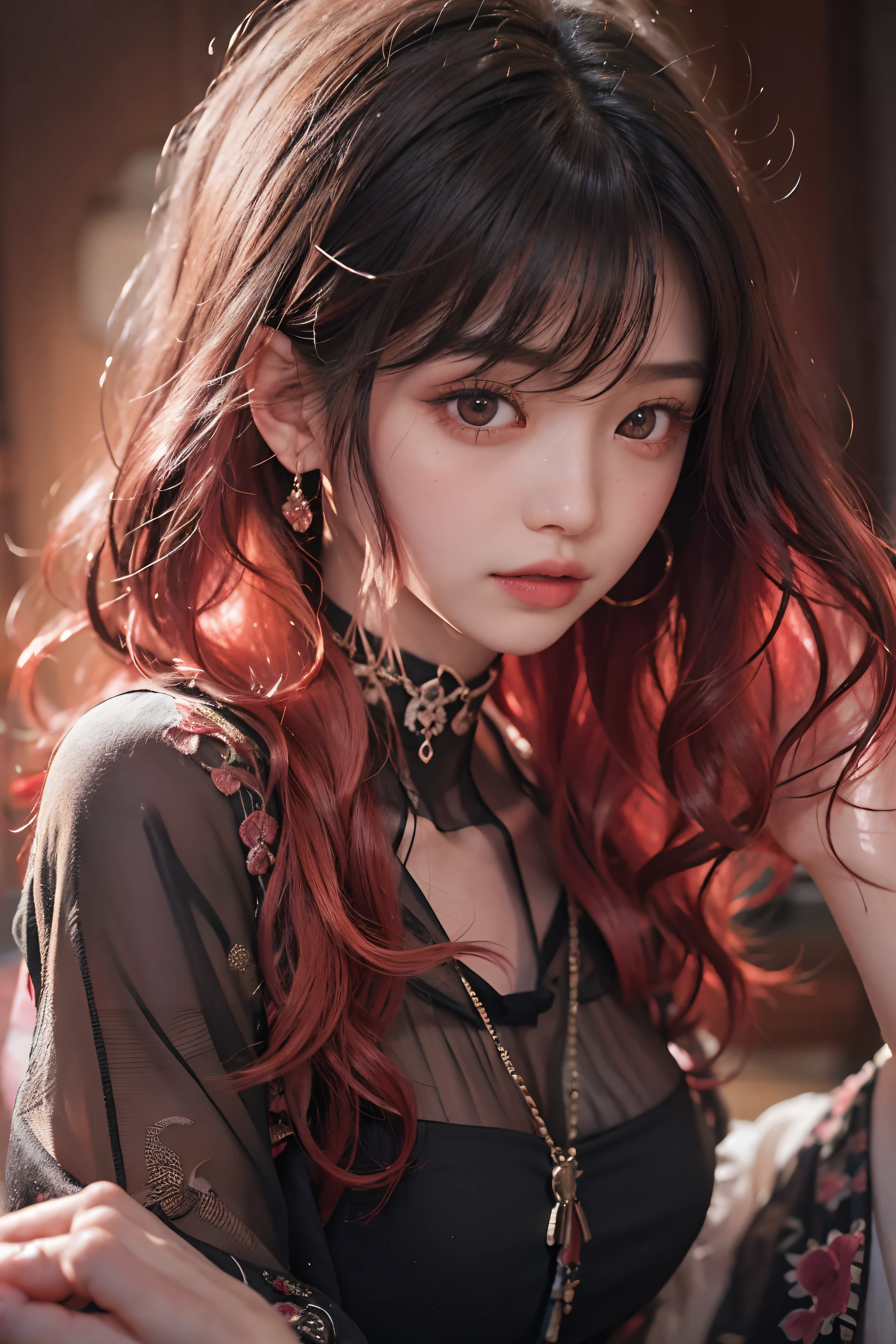 1girl in、in her 20s、((bobhair))、(((black hair, red dip-dye hair)))、(the tips of the hair are bright red)、((bangss))、(Photoreal Stick:1.2)、in 8K、(High quality shadows)、(A charming expression)、Detail Beautiful delicate face、Detail Beautiful delicate eyes、Cute K-pop Idol、(Korean Urzan Face)、(ulzzang -6500-v1.1:0.6)、pureerosface_v1、(looking at view)、gloweyes、perfectbody、((strong lights))、(a choker)、((Brown eyes))、((Beautiful Finger))、 Shiny hair、Description beautiful delicate hair、(Lustrous skin)、((Black see-through dress))、hallway、 (early evening)、Background blur、light、