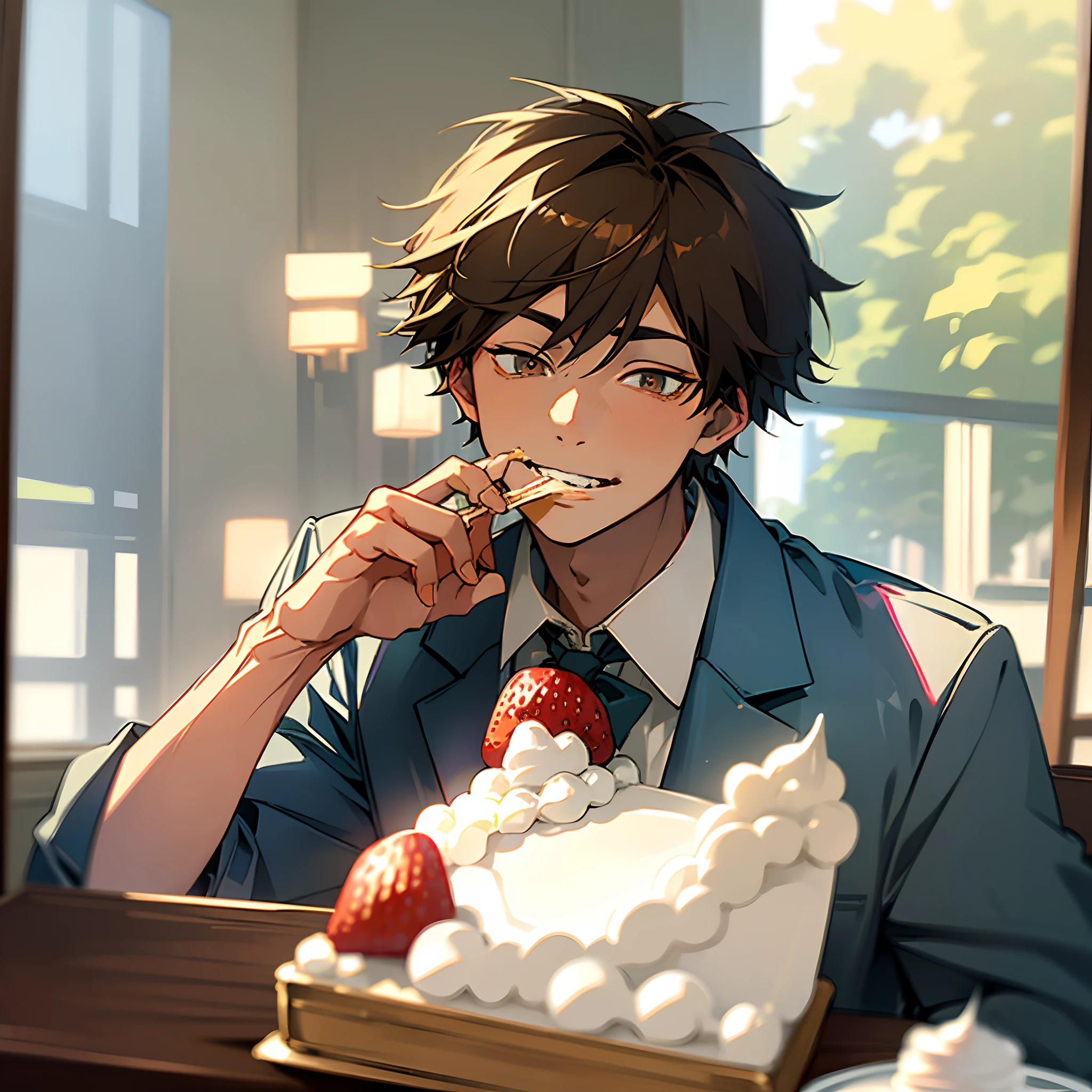 masterpiece, best quality, high quality, look at viewer, There was a boy sitting down, Young and handsome face, 1 boy, happy, smiling, In the cafe, eating cake, food is around the mouth, messy eating, eating with his hands, strawberry sponge cake, Hands full of whipped cream, He has cream on his face