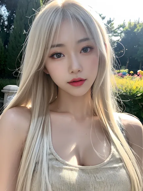 ((("A beautiful Korean girl with platinum blonde hair"))) in a close-up shot, captured with a ((35mm)) lens. The girl should have a radiant smile and stand outdoors in a lush, sunlit garden with colorful flowers in the background. The image should exude a ...