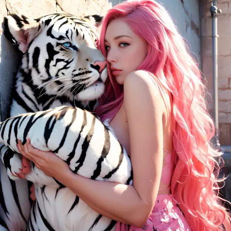 a woman, long curly hair, pink hair, blue eyes, woman with tiger, a white tiger, tiger on the woman's side, mascot, tiger on the...