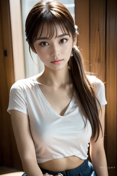 detailed face, beautidful eyes, photorealsitic, depth of fields, white v-neck shirt, maikurobikini,kneeking, 22year old, bangs, ...