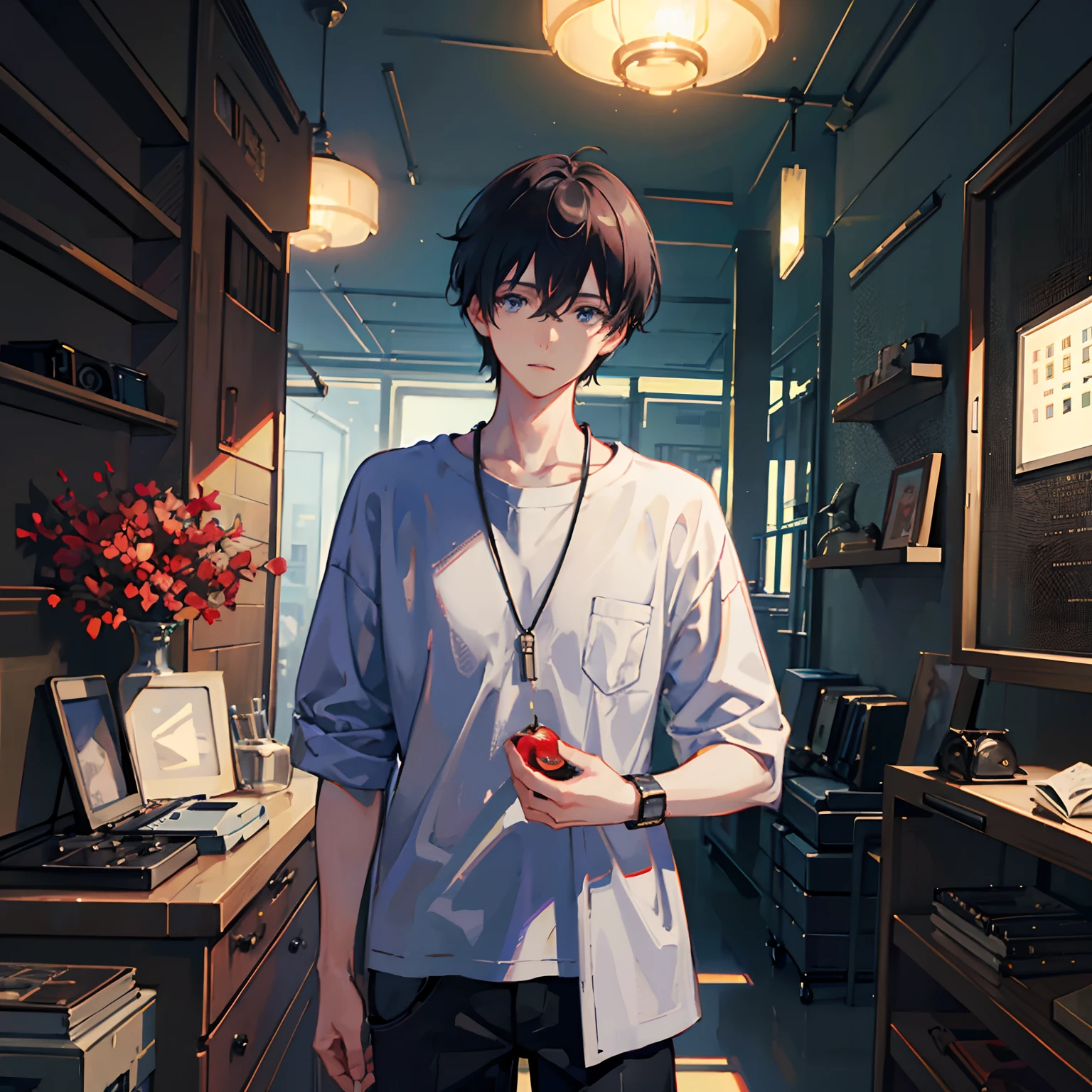 1boy, apple, bag, bangs, berry, black hair, black shirt, blue eyes, hair between eyes, jewelry, leaf, looking at viewer, male focus, necklace, pants, shirt, solo, watch, white pants, wristwatch, messy hair, trending on artstation, 8k resolution, highly detailed, anatomically correct, sharp image, digital painting, concept art, trending on pixiv, style of makoto shinkai,