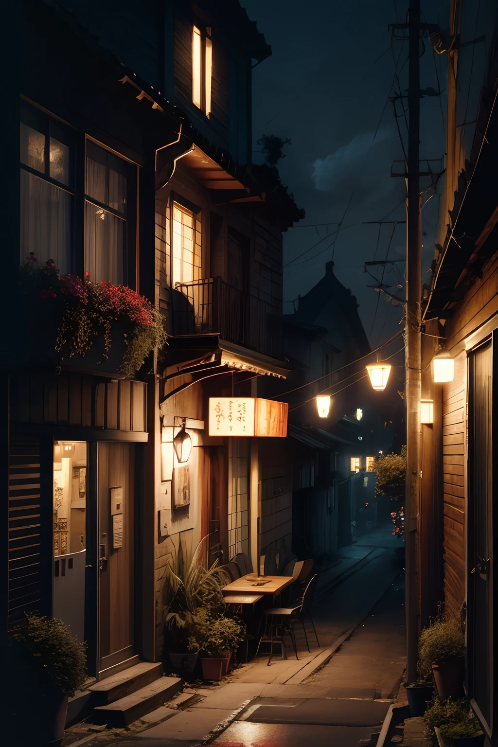 masutepiece, Super Detail, Dirty and retro narrow back streets、Plank wall、slope、old wooden building、A small, well-served dining room、utility pole、flower pots、The tree、a trash can、signboard、Night, HyperSmoke, Dark background,