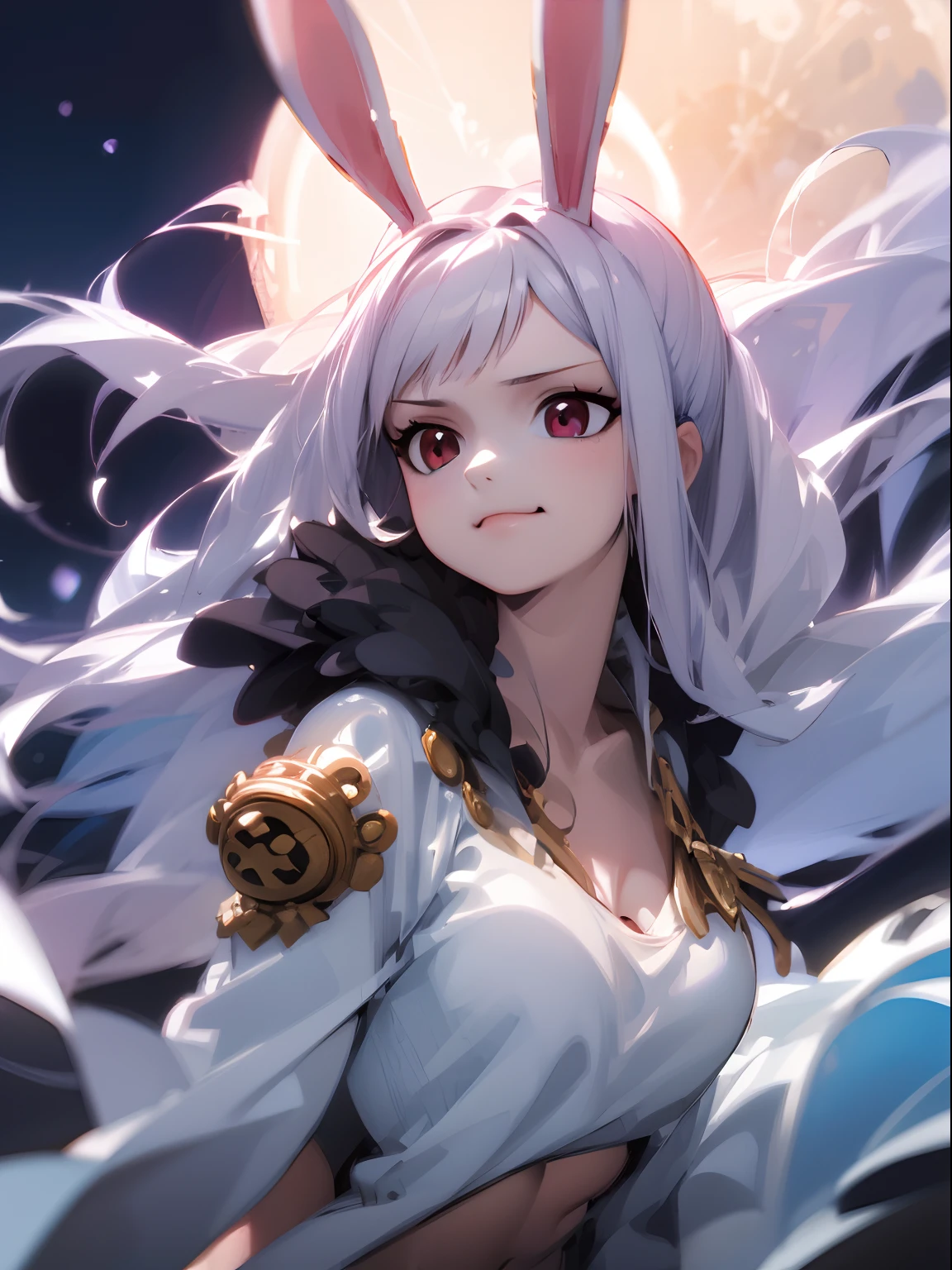 (Best quality, Masterpiece:1.2), Ultra detailed, 1girll, Bust photo，White hair，Bunny ears，floated hair，Red-black eyes，full moon，Keep one's mouth shut，onepiece，One Piece