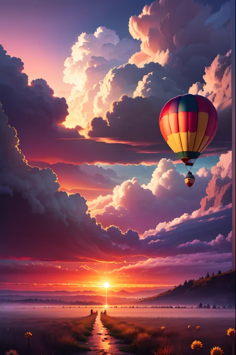 mythical balloon lost in clouds, oasis dandelion, sunset dramatic clouds,
