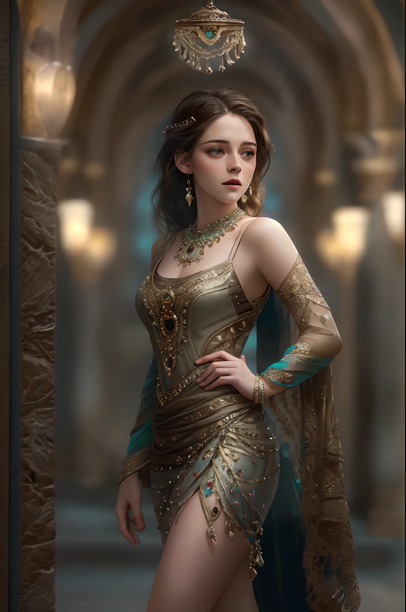 Best quality, Masterpiece,1girll, kristen stewart , The perfect Arabic dress, hair adornments, necklace, jewelry, Beautiful face, full bodyesbian, perfect thighs, Photorealistic, Edge lighting, bicolor lighting, (highdetailskin: 1.2), 8K Ultra HD, Digital SLR, Soft lighting, High quality, voluminetric lighting, Expressing the, HD, 8K, Bokeh, Realistic, hyperealistics