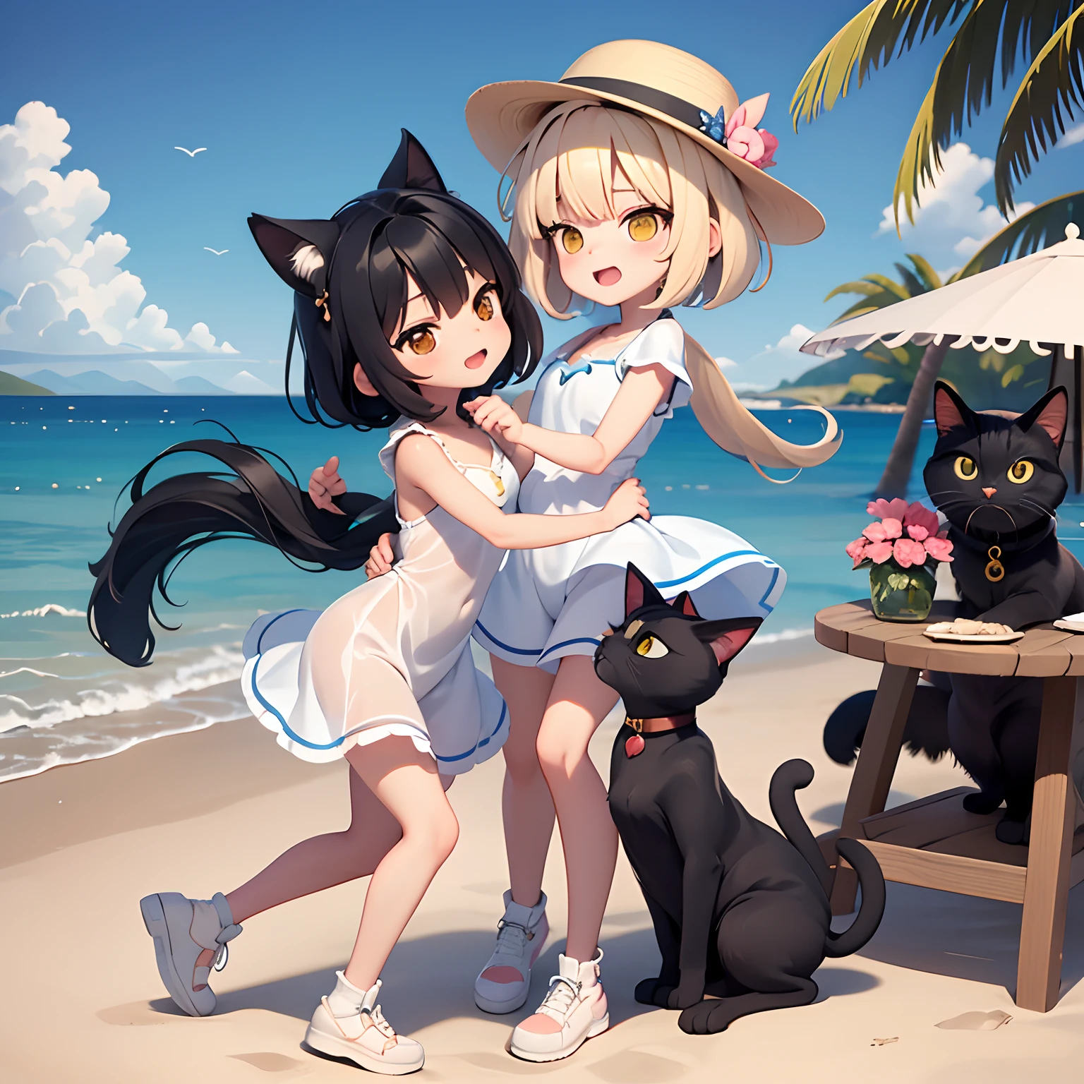 2fille , 1 chat calicot, 1 chat noir, une fille danse avec un chapeau blanc sur une plage, île en arrière-plan, il y a tellement de coquillages sur le sable
