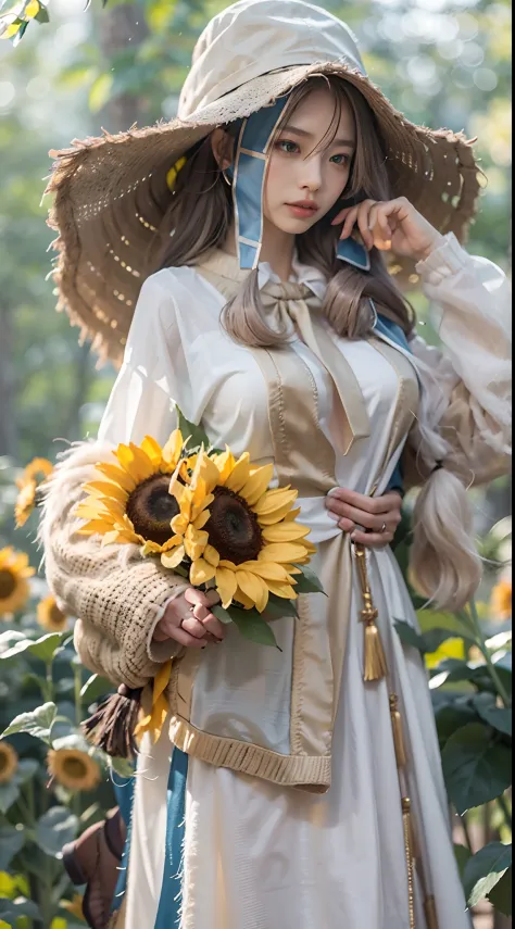 in a very grand scene，the extra-large wide-angle lens captures the appearance of a female centaur。she is a sunflower worship nun...