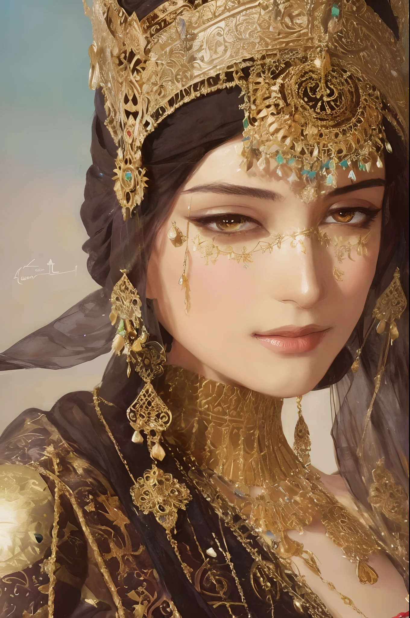 modelshoot style, (extremely detailed CG unity 8k wallpaper), full shot body photo of the most beautiful artwork in the world, (arabic princess) with armor, delicate silk clothes, arabian silk Hijab, magic, an arabic village with persian details in the background, hdr, photorealistic painting by Ed Blinkey, Atey Ghailan, Studio Ghibli, by Jeremy Mann, Greg Manchess, Antonio Moro, trending on ArtStation, trending on CGSociety, Intricate, High Detail, Sharp focus, dramatic, photorealistic painting art by midjourney and greg rutkowski