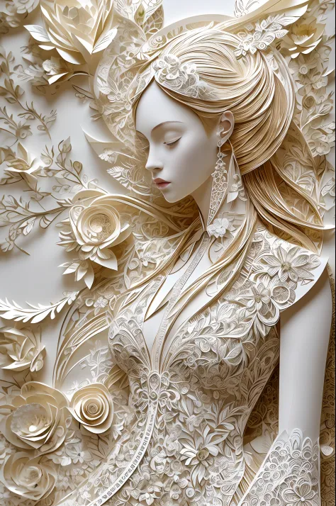 （（（arte em papel cortado，Flat paper cutout。）））There is a picture of a woman in a paper wedding dress, paper modeling art, paper art, made of paper, karol bak uhd, layered paper art, detailed dress and face, Goddess. Extremely high detail, Very detailed wom...